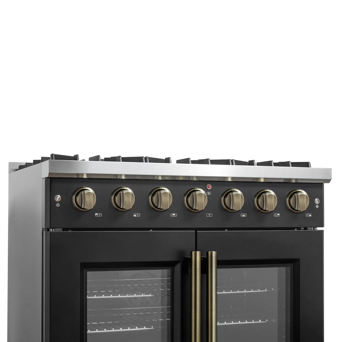 Forno 5-Piece Appliance Package - 36-inch Gas Range, Hood, Refrigerator, Dishwasher and 30-Inch Microwave Drawer in Black with Antique Brass Trim