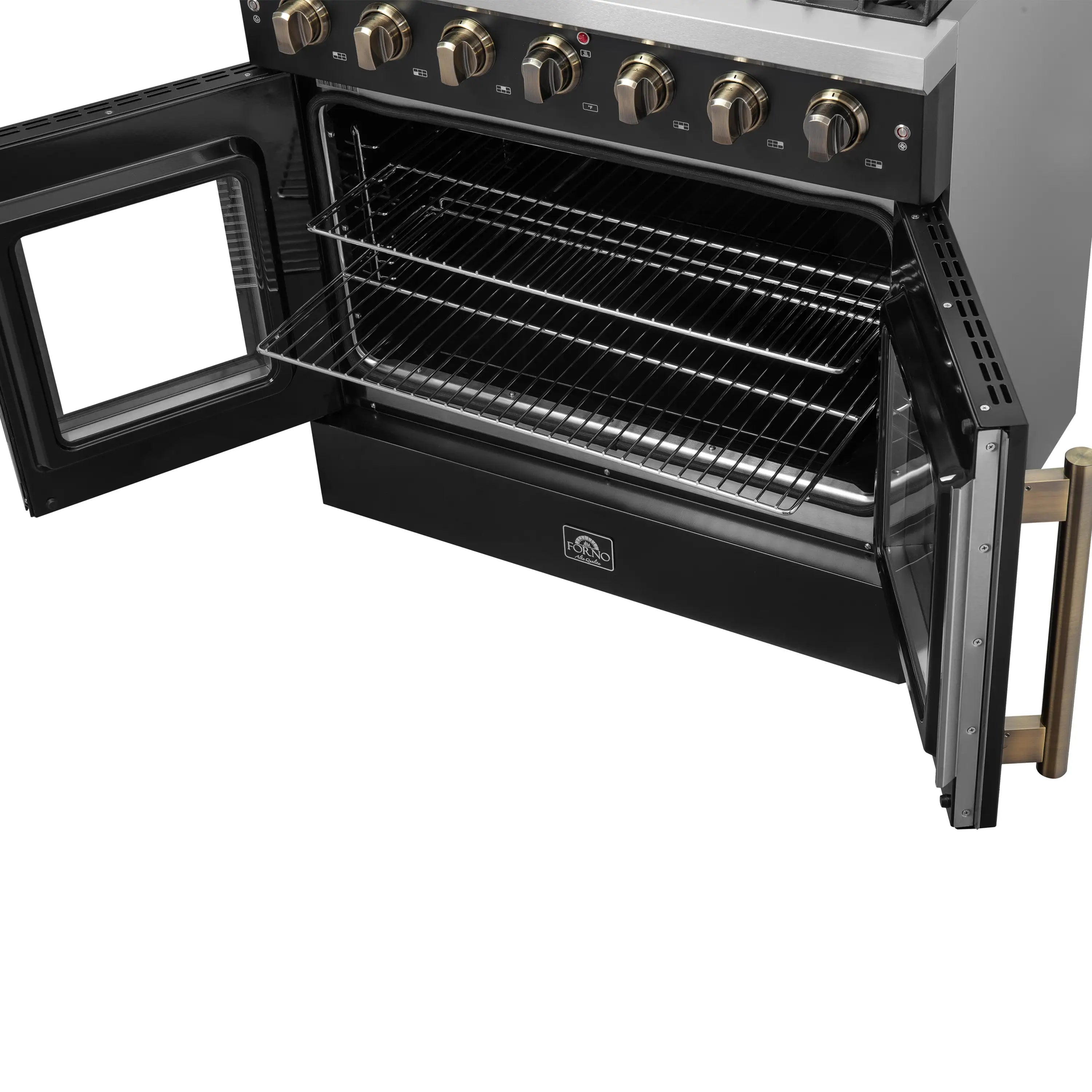 Forno Galiano 36-Inch French Door Gas Range with 6 Burners and 5.36 Cu.Ft. Convection Oven in Black with Antique Brass Trim (FFSGS6444-36BLK)