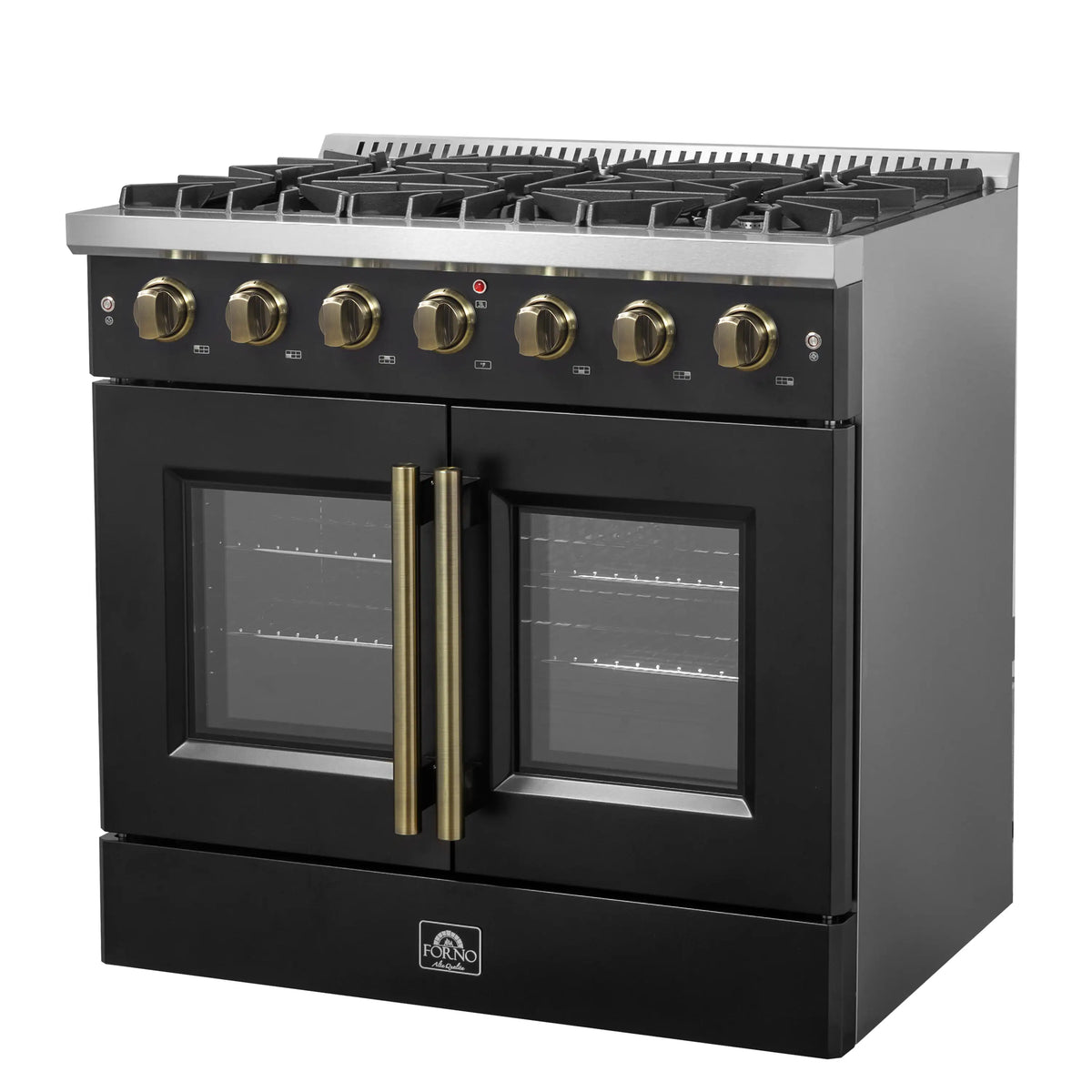 Forno 5-Piece Appliance Package - 36-inch Gas Range, Hood, Refrigerator, Dishwasher and 30-Inch Microwave Drawer in Black with Antique Brass Trim