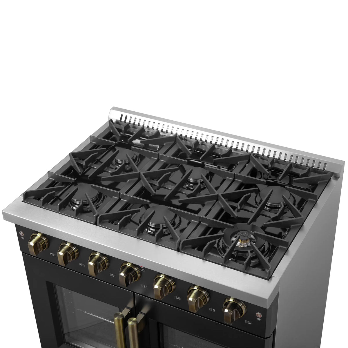 Forno 5-Piece Appliance Package - 36-inch Gas Range, Hood, Refrigerator, Dishwasher and 24-Inch Microwave Oven in Black with Antique Brass Trim