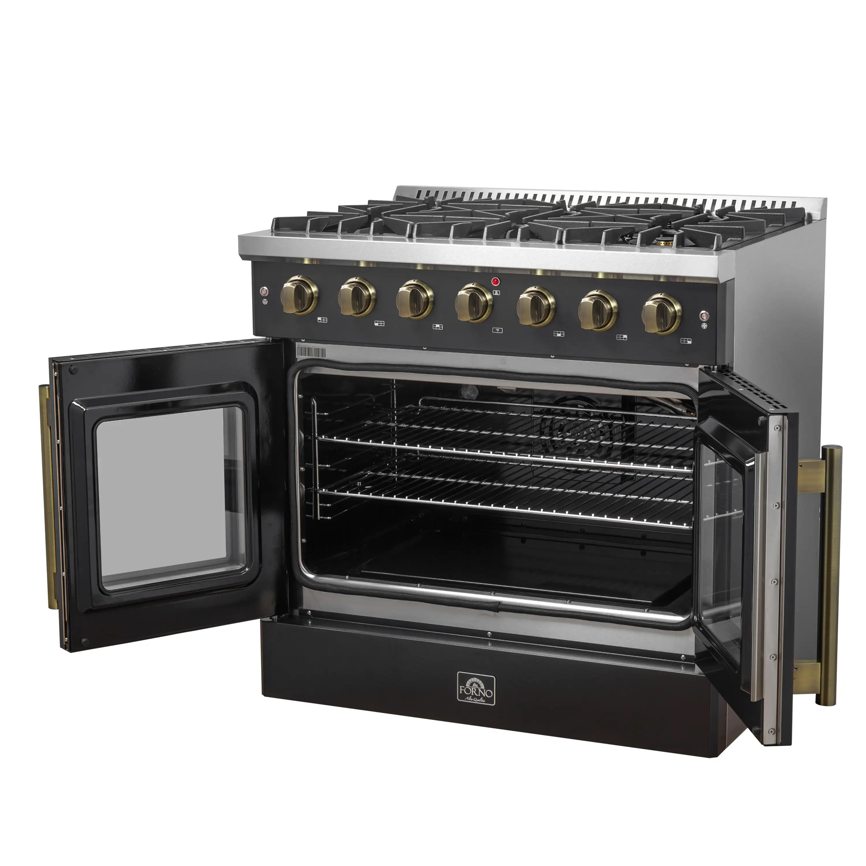Forno Galiano 36-Inch French Door Gas Range with 6 Burners and 5.36 Cu.Ft. Convection Oven in Black with Antique Brass Trim (FFSGS6444-36BLK)