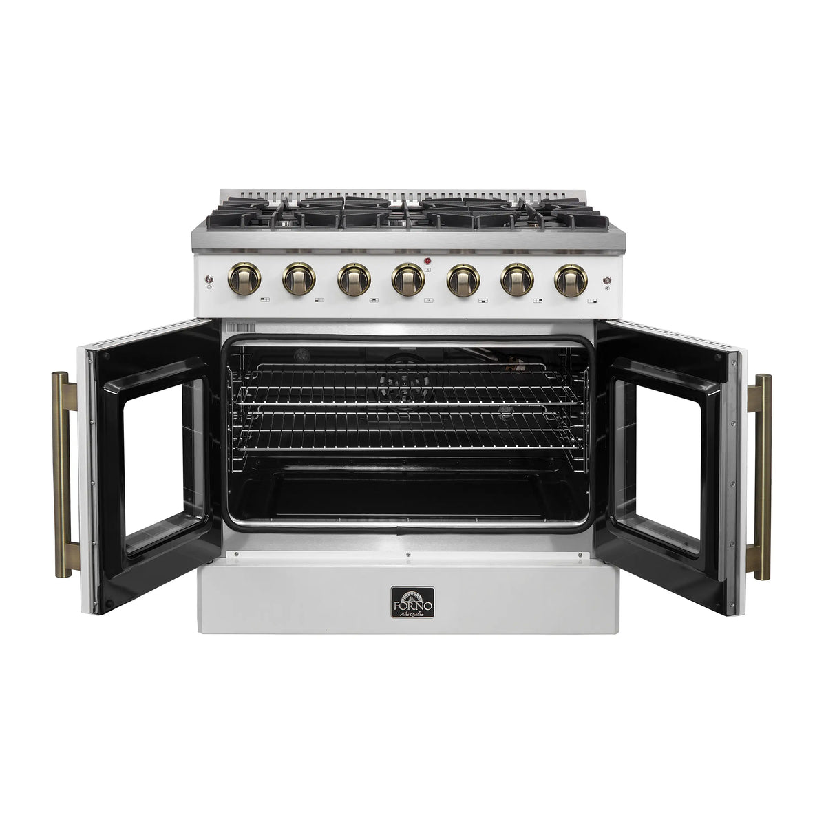 Forno 5-Piece Appliance Package - 36-inch Gas Range, Hood, Refrigerator, Dishwasher and 24-Inch Microwave Oven in White with Antique Brass Trim