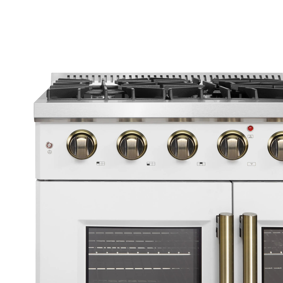 Forno 5-Piece Appliance Package - 36-inch Gas Range, Hood, Refrigerator, Dishwasher and 24-Inch Microwave Oven in White with Antique Brass Trim