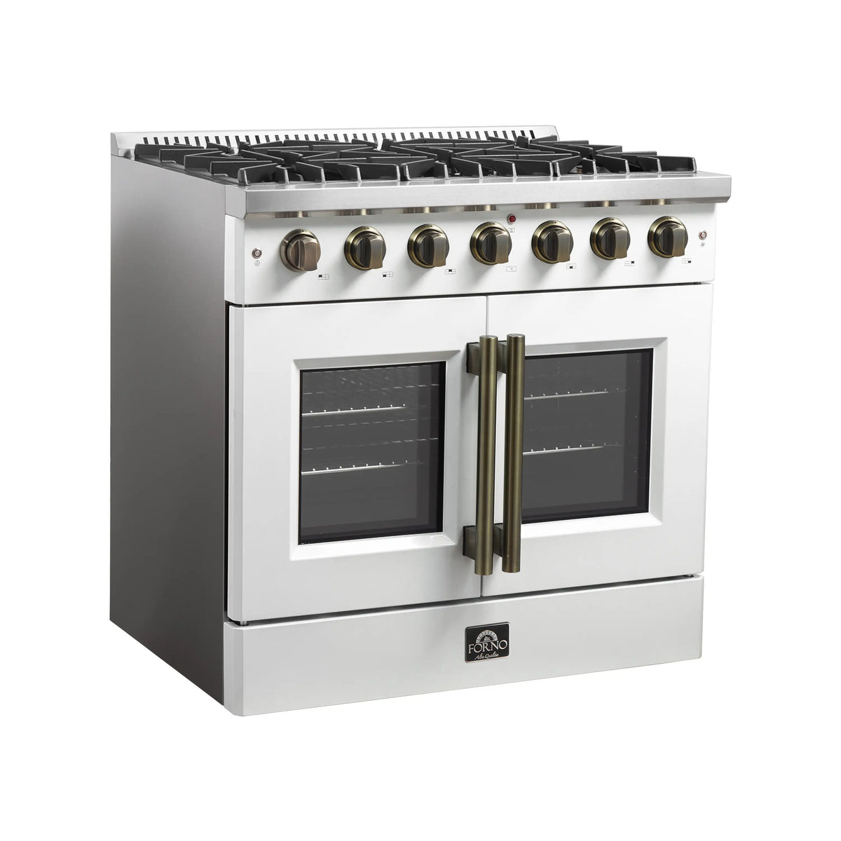 Forno 5-Piece Appliance Package - 36-inch Gas Range, Hood, Refrigerator, Dishwasher and 24-Inch Microwave Oven in White with Antique Brass Trim