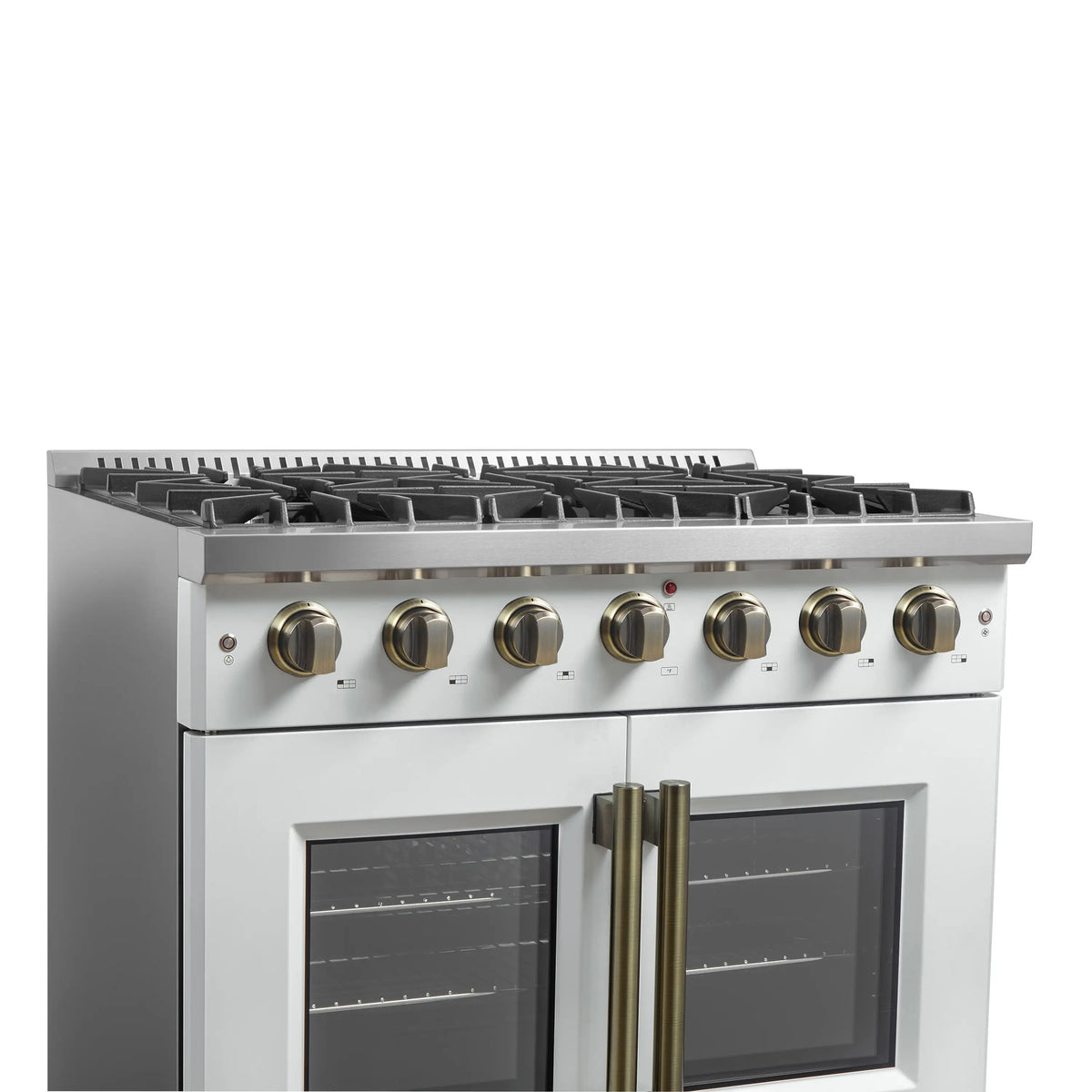 Forno 5-Piece Appliance Package - 36-inch Gas Range, Hood, Refrigerator, Dishwasher and 24-Inch Microwave Oven in White with Antique Brass Trim
