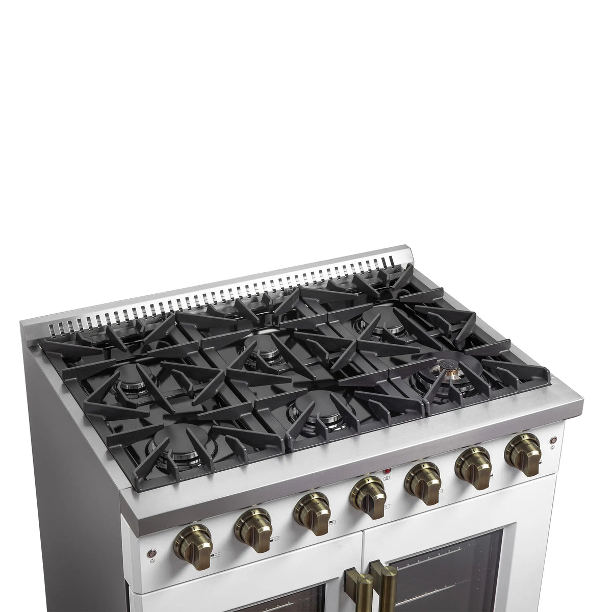 Forno 5-Piece Appliance Package - 36-inch Gas Range, Hood, Refrigerator, Dishwasher and 24-Inch Microwave Drawer in White with Antique Brass Trim