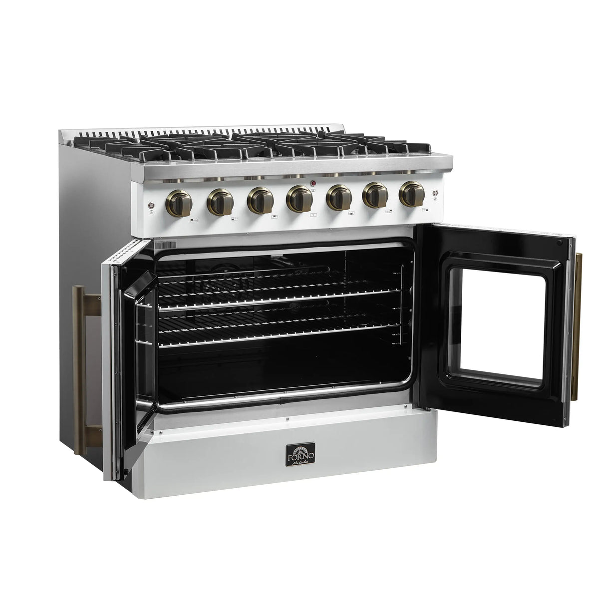 Forno 5-Piece Appliance Package - 36-inch Gas Range, Hood, Refrigerator, Dishwasher and 24-Inch Microwave Oven in White with Antique Brass Trim
