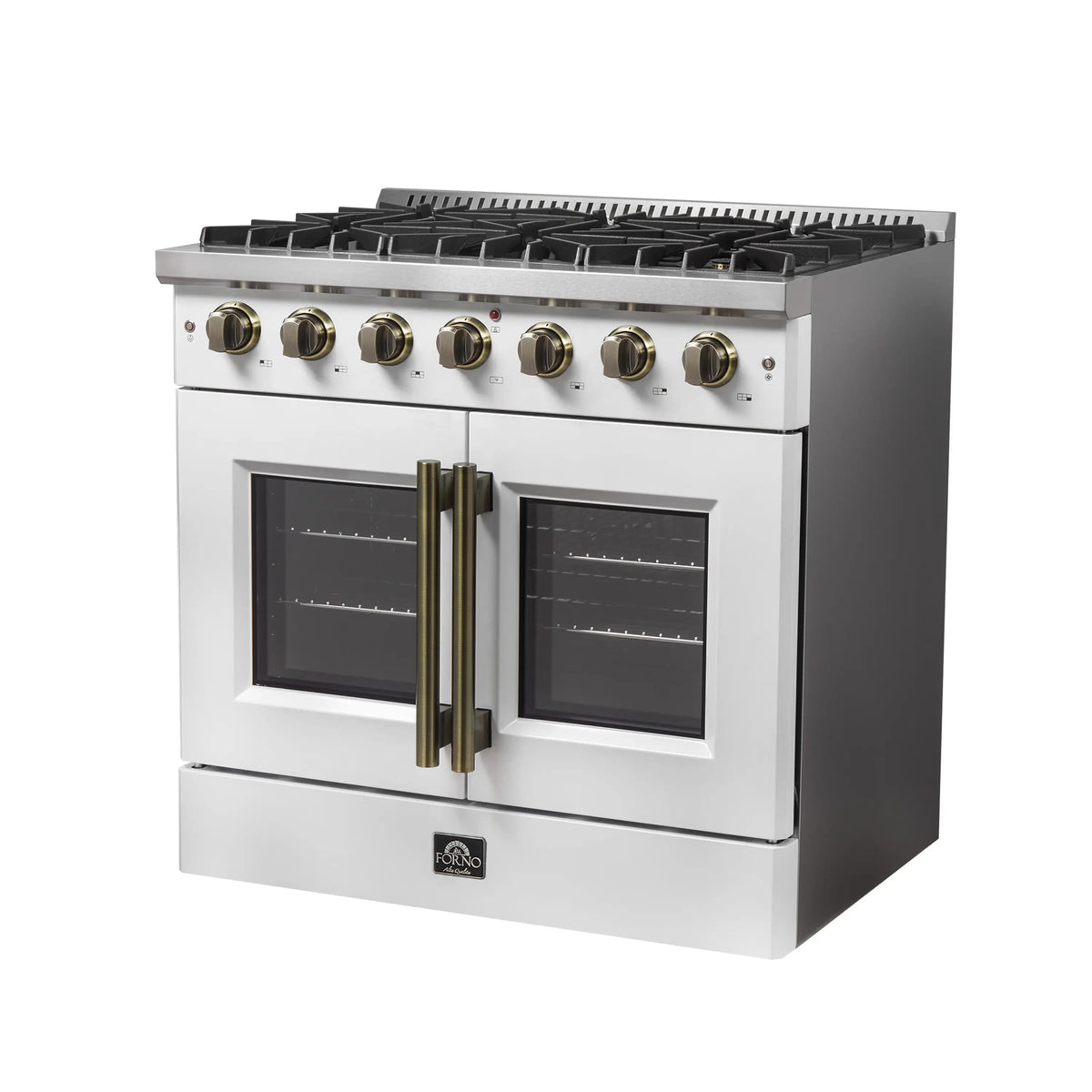 Forno 5-Piece Appliance Package - 36-inch Gas Range, Hood, Refrigerator, Dishwasher and 24-Inch Microwave Drawer in White with Antique Brass Trim