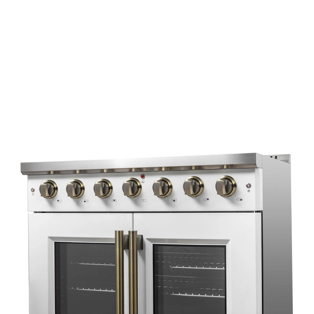 Forno 5-Piece Appliance Package - 36-inch Gas Range, Hood, Refrigerator, Dishwasher and 24-Inch Microwave Drawer in White with Antique Brass Trim