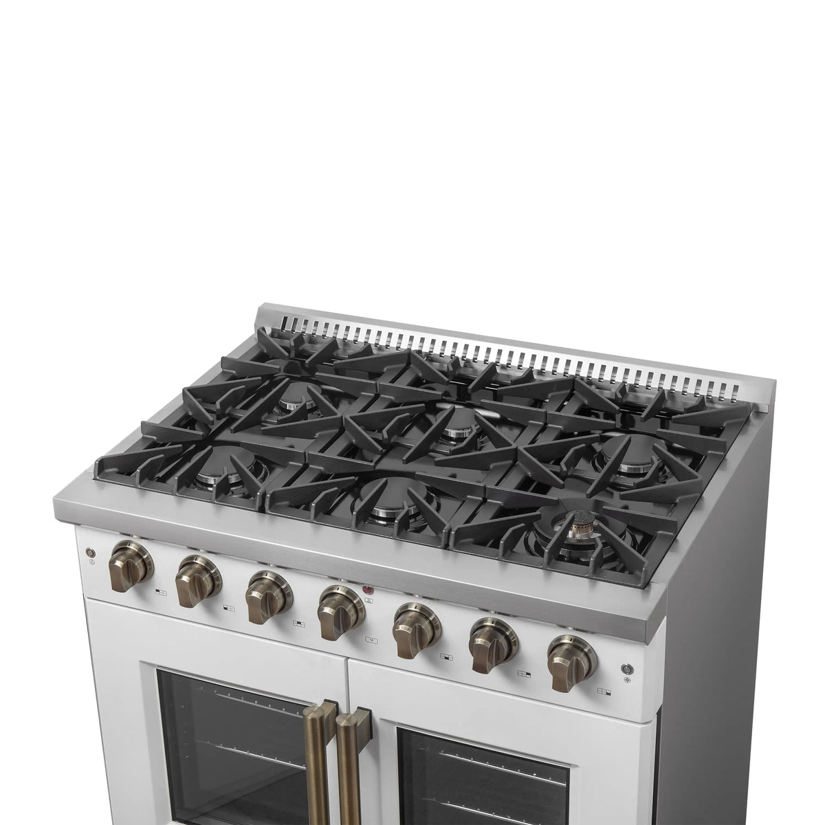 Forno 5-Piece Appliance Package - 36-inch Gas Range, Hood, Refrigerator, Dishwasher and 24-Inch Microwave Oven in White with Antique Brass Trim
