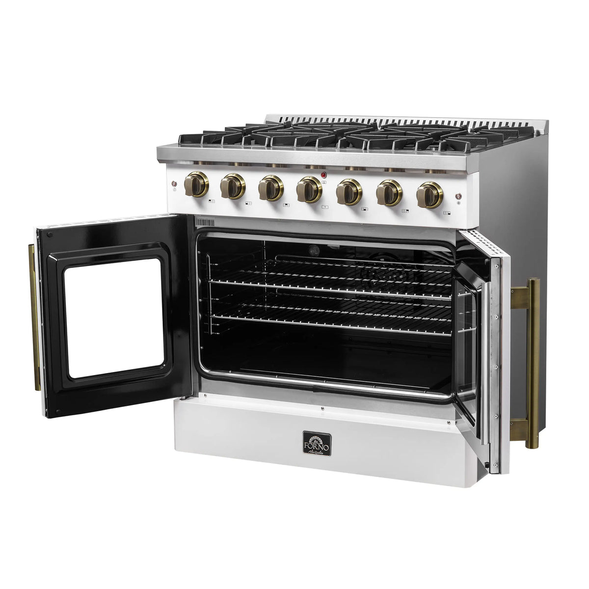 Forno 5-Piece Appliance Package - 36-inch Gas Range, Hood, Refrigerator, Dishwasher and 24-Inch Microwave Oven in White with Antique Brass Trim