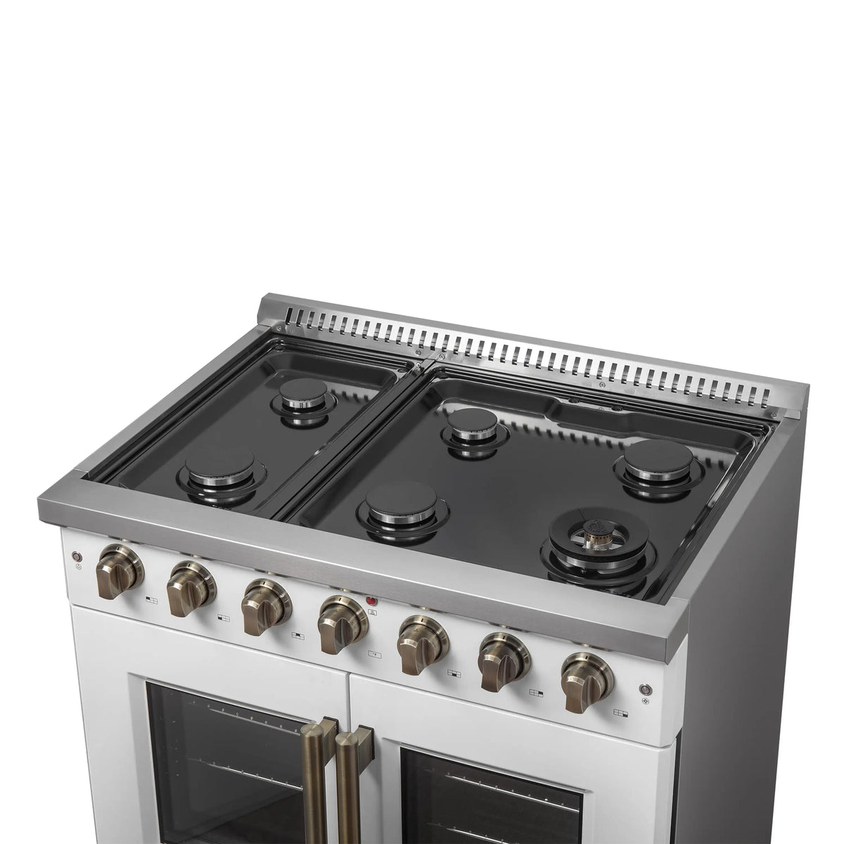 Forno 5-Piece Appliance Package - 36-inch Gas Range, Hood, Refrigerator, Dishwasher and 30-Inch Microwave Oven in White with Antique Brass Trim