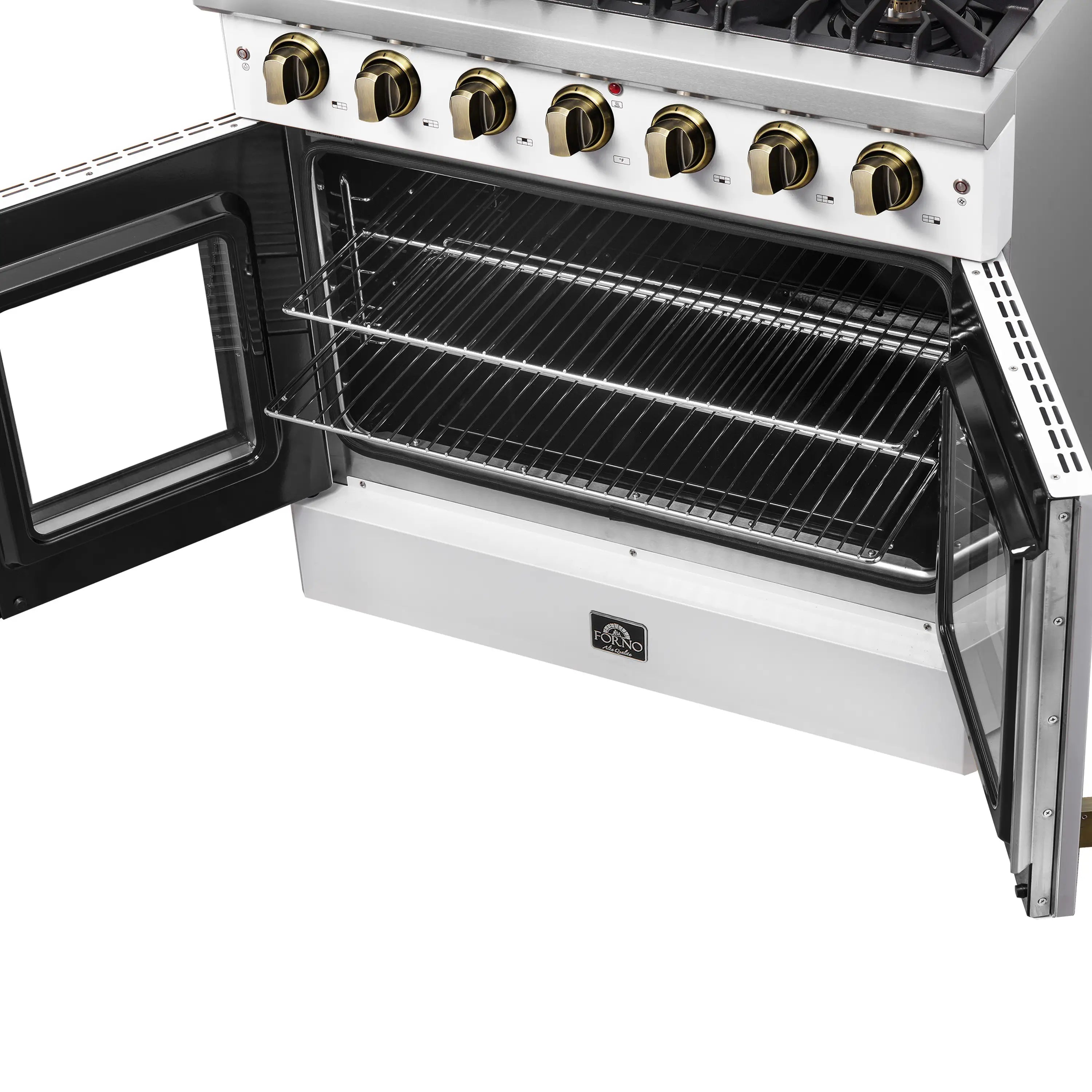 Forno Galiano 36-Inch French Door Gas Range with 6 Burners and 5.36 Cu.Ft. Convection Oven in White with Antique Brass Trim (FFSGS6444-36WHT)