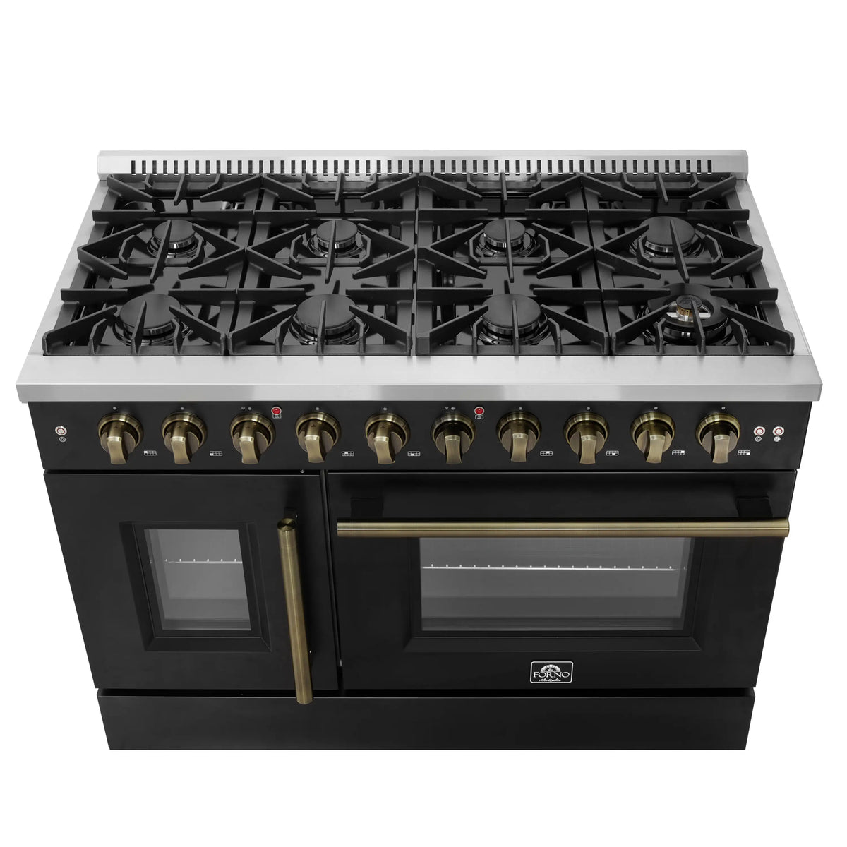 Forno 5-Piece Appliance Package - 48-inch Gas Range, Hood, Refrigerator, Dishwasher and 30-Inch Microwave Oven in Black with Antique Brass Trim