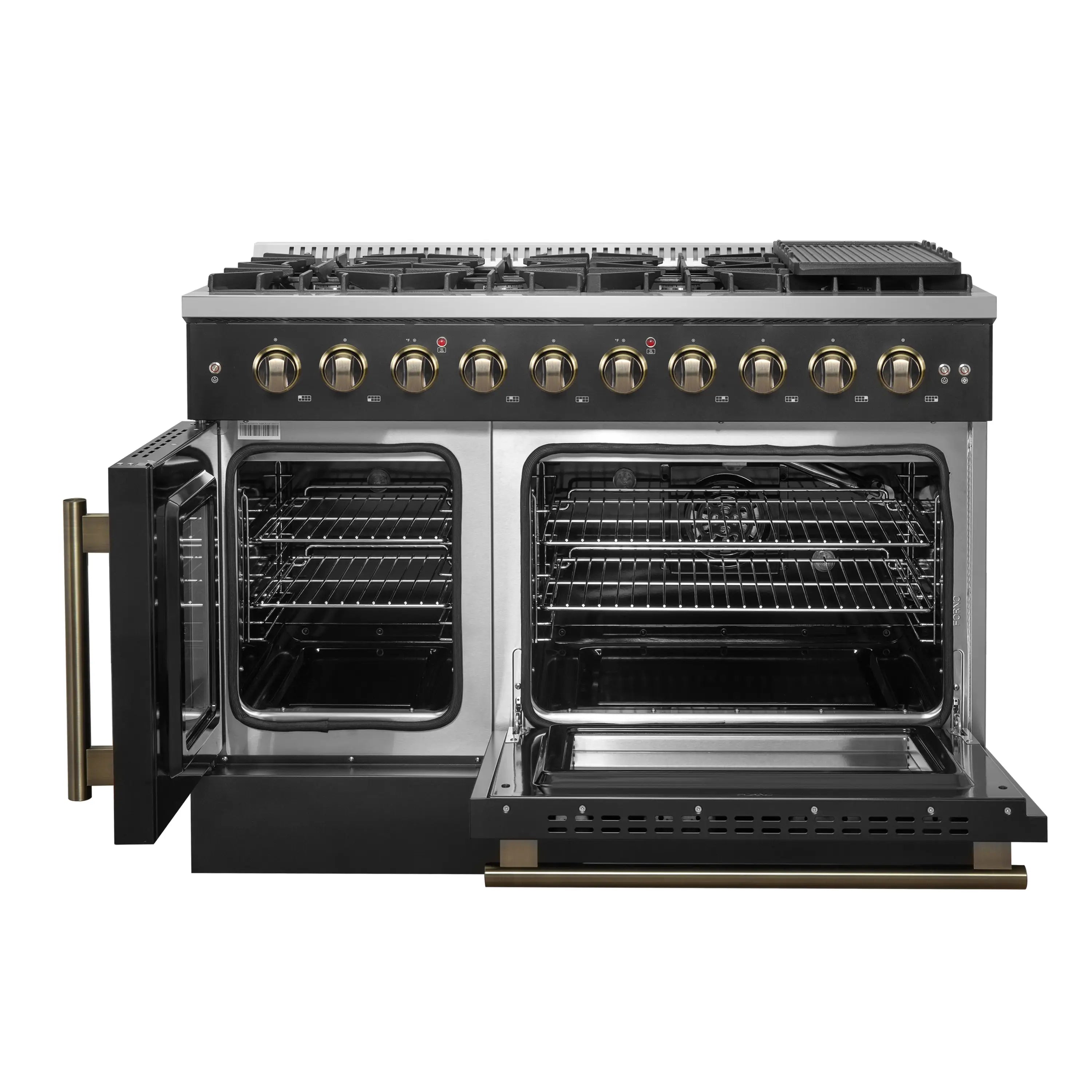 Forno Galiano 48-Inch French Door Gas Range with 8 Burners and 6.58 Cu. Ft. Convection Oven in Black with Antique Brass Trim (FFSGS6444-48BLK)