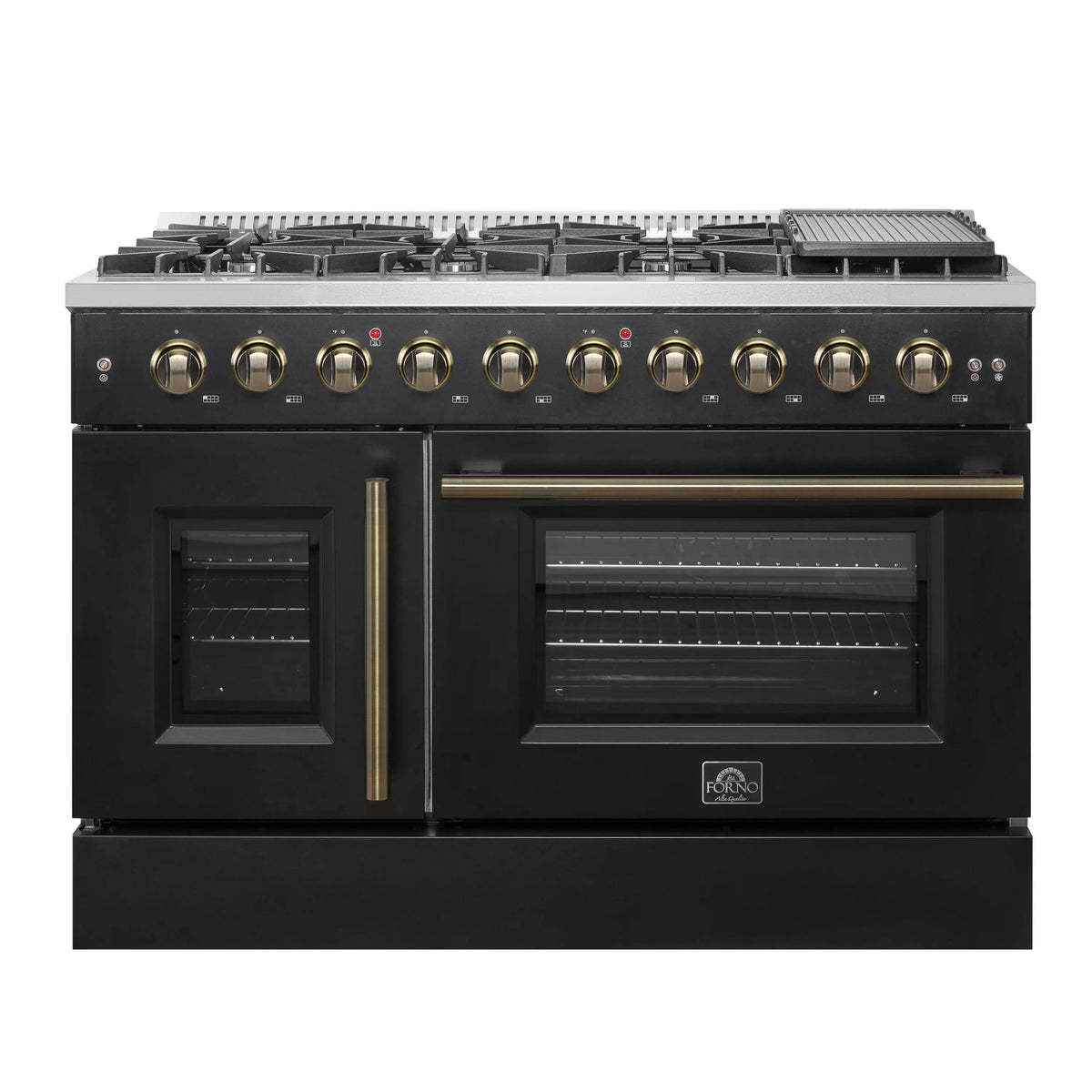 Forno 5-Piece Appliance Package - 48-inch Gas Range, Hood, Refrigerator, Dishwasher and 30-Inch Microwave Oven in Black with Antique Brass Trim