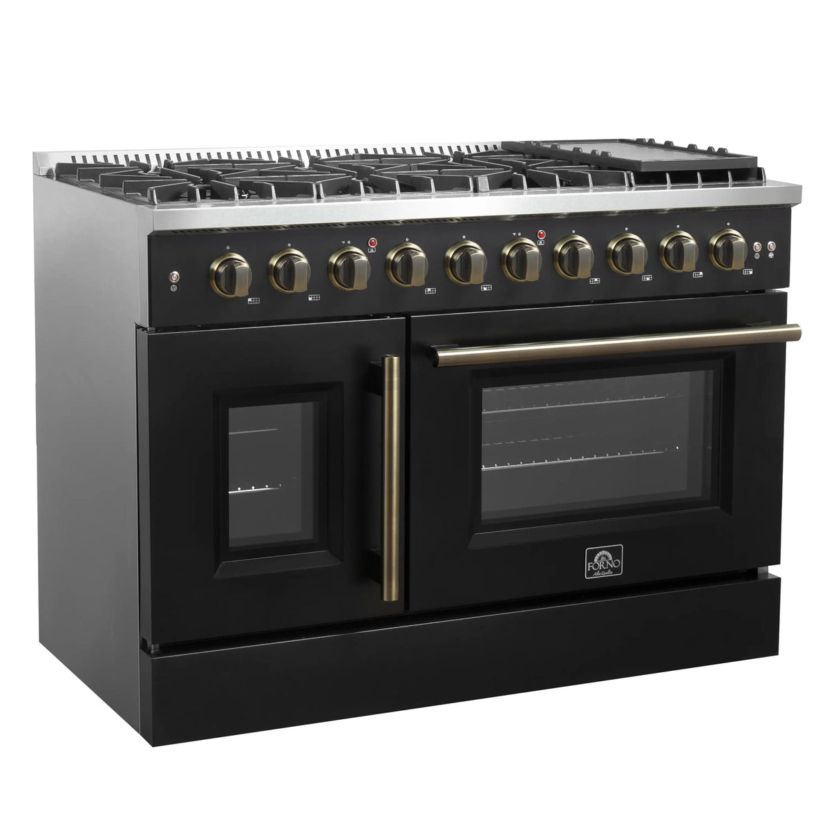 Forno 5-Piece Appliance Package - 48-inch Gas Range, Hood, Refrigerator, Dishwasher and 30-Inch Microwave Oven in Black with Antique Brass Trim