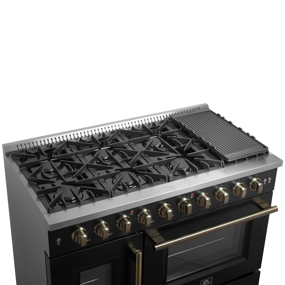 Forno 5-Piece Appliance Package - 48-inch Gas Range, Hood, Refrigerator, Dishwasher and 30-Inch Microwave Drawer in Black with Antique Brass Trim