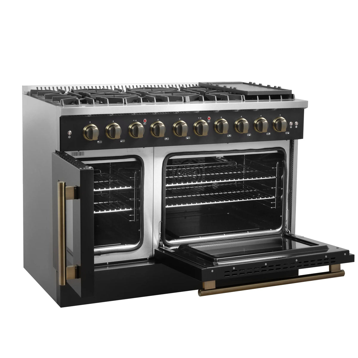 Forno 5-Piece Appliance Package - 48-inch Gas Range, Hood, Refrigerator, Dishwasher and 24-Inch Microwave Drawer in Black with Antique Brass Trim