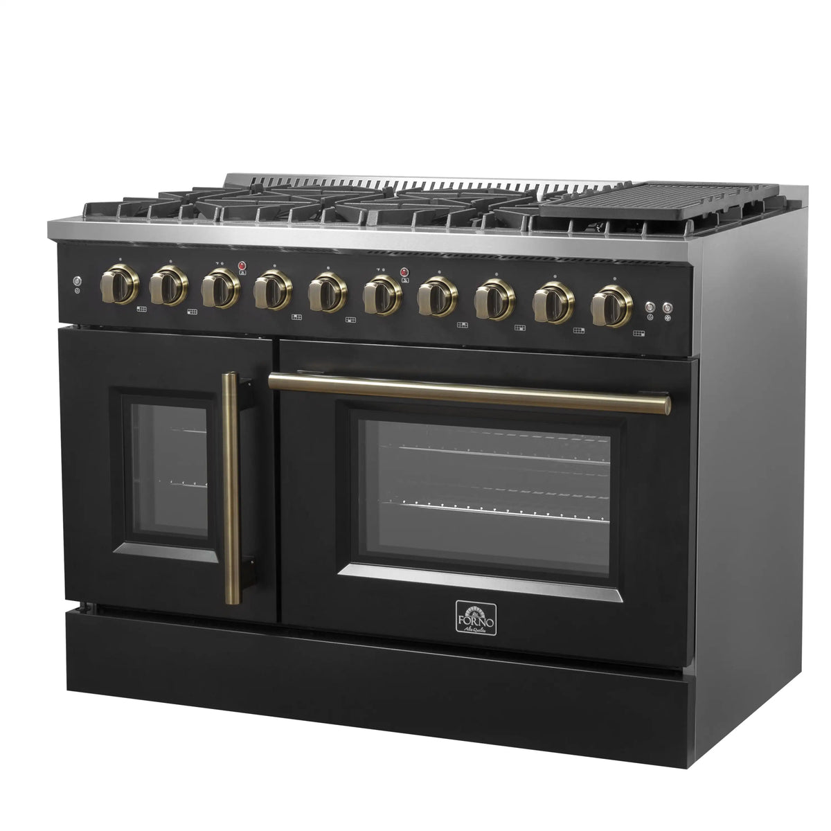 Forno 5-Piece Appliance Package - 48-inch Gas Range, Hood, Refrigerator, Dishwasher and 30-Inch Microwave Drawer in Black with Antique Brass Trim