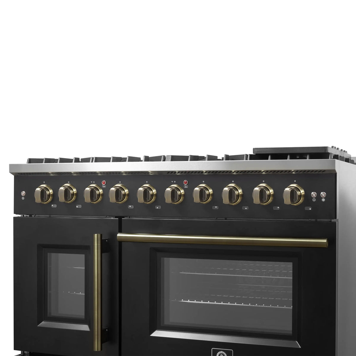 Forno 5-Piece Appliance Package - 48-inch Gas Range, Hood, Refrigerator, Dishwasher and 30-Inch Microwave Drawer in Black with Antique Brass Trim