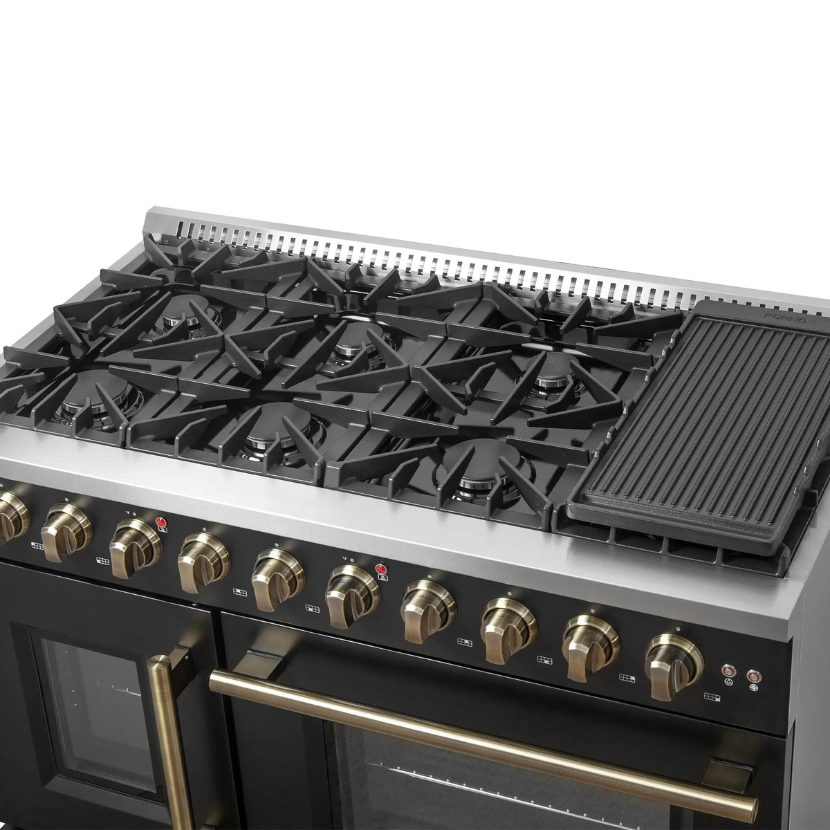 Forno 5-Piece Appliance Package - 48-inch Gas Range, Hood, Refrigerator, Dishwasher and 24-Inch Microwave Drawer in Black with Antique Brass Trim