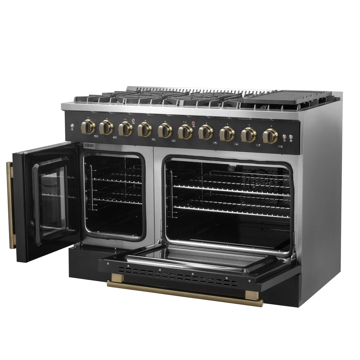 Forno 5-Piece Appliance Package - 48-inch Gas Range, Hood, Refrigerator, Dishwasher and 30-Inch Microwave Drawer in Black with Antique Brass Trim