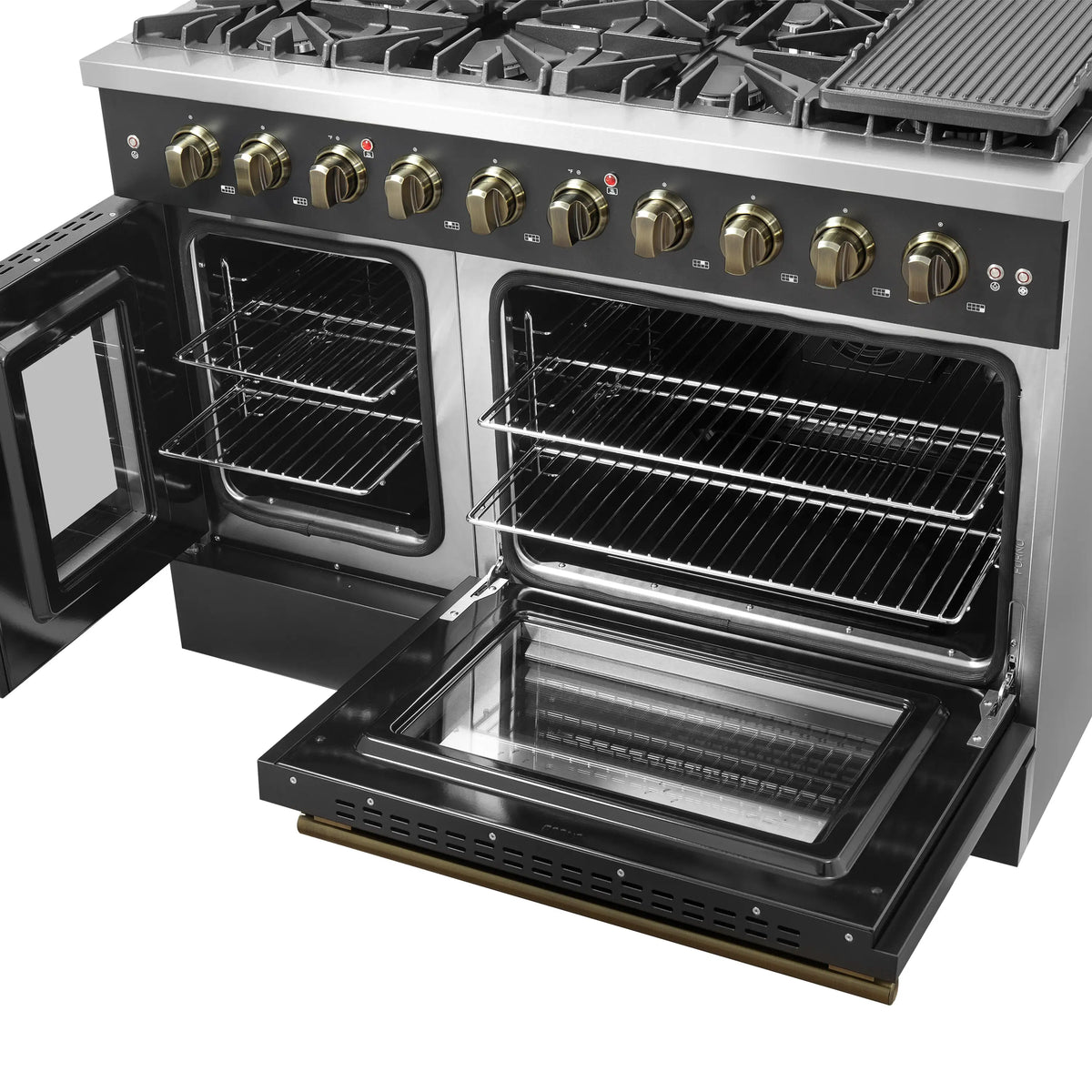Forno 5-Piece Appliance Package - 48-inch Gas Range, Hood, Refrigerator, Dishwasher and 30-Inch Microwave Oven in Black with Antique Brass Trim