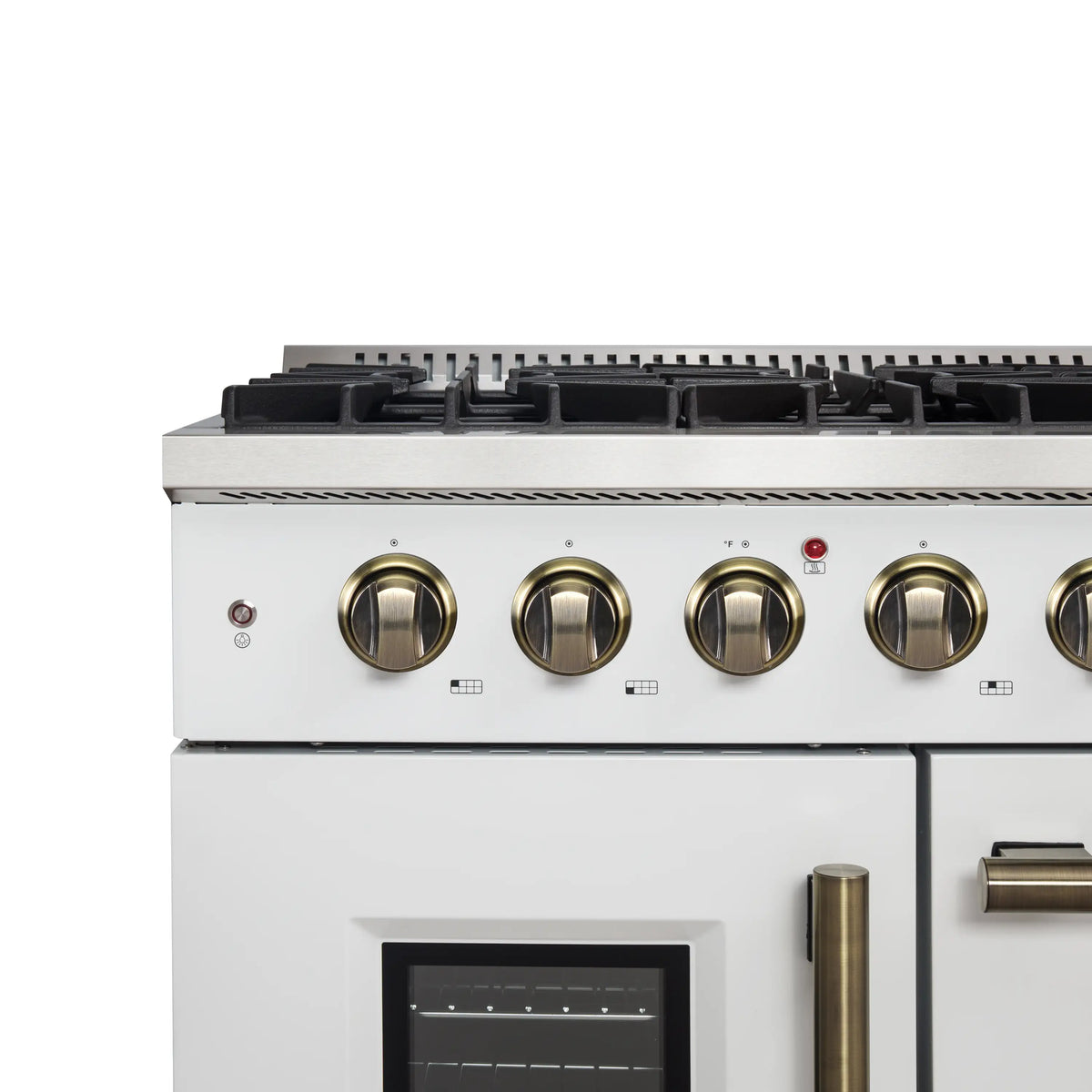 Forno 5-Piece Appliance Package - 48-inch Gas Range, Hood, Refrigerator, Dishwasher and 24-Inch Microwave Drawer in White with Antique Brass Trim