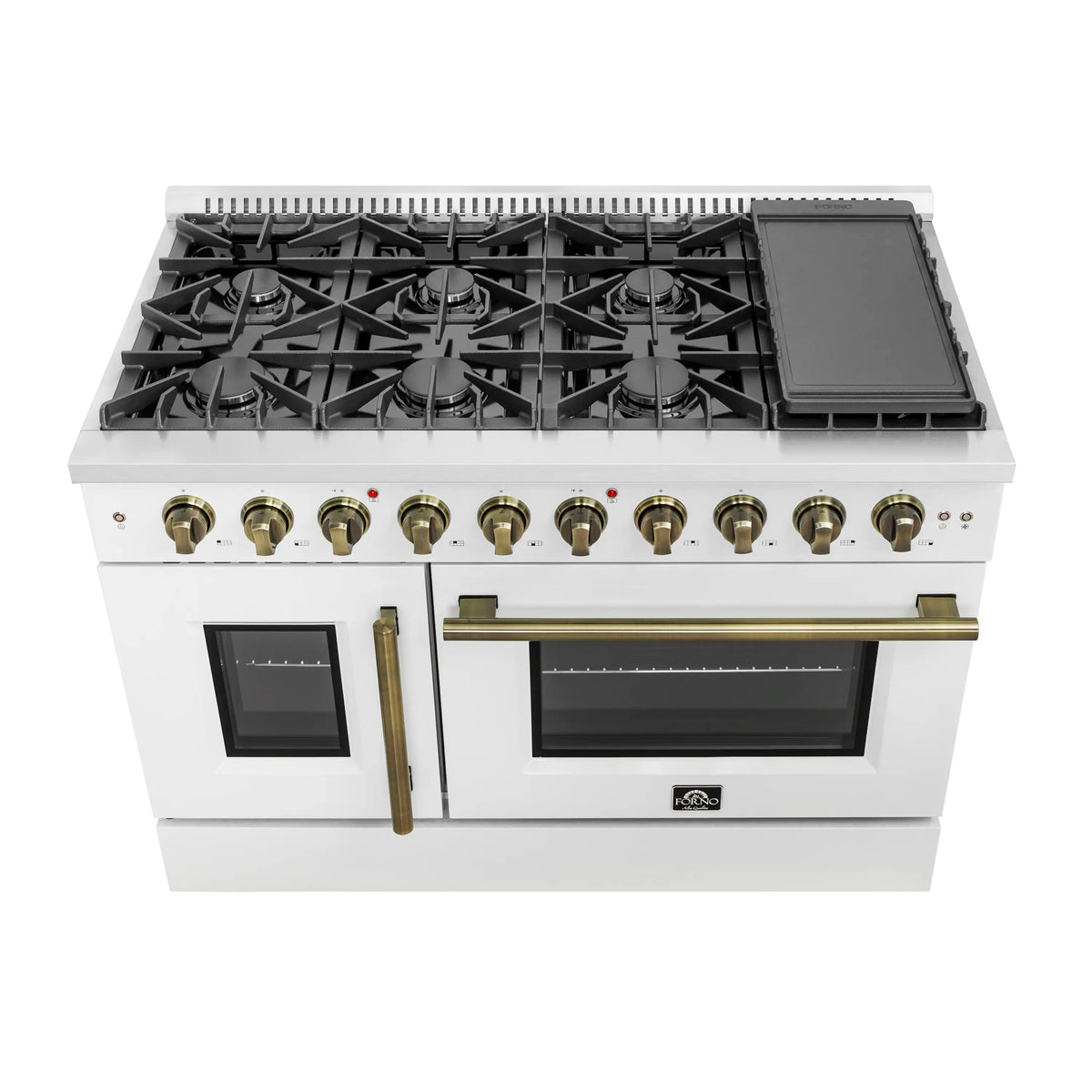 Forno 5-Piece Appliance Package - 48-inch Gas Range, Hood, Refrigerator, Dishwasher and 30-Inch Microwave Oven in White with Antique Brass Trim