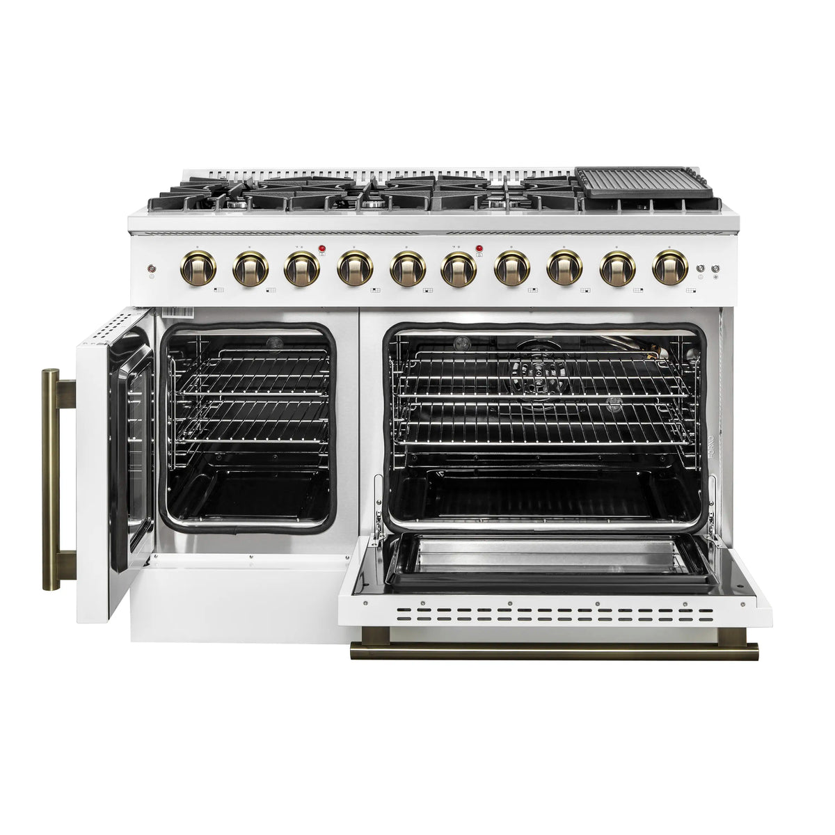 Forno 5-Piece Appliance Package - 48-inch Gas Range, Hood, Refrigerator, Dishwasher and 24-Inch Microwave Oven in White with Antique Brass Trim