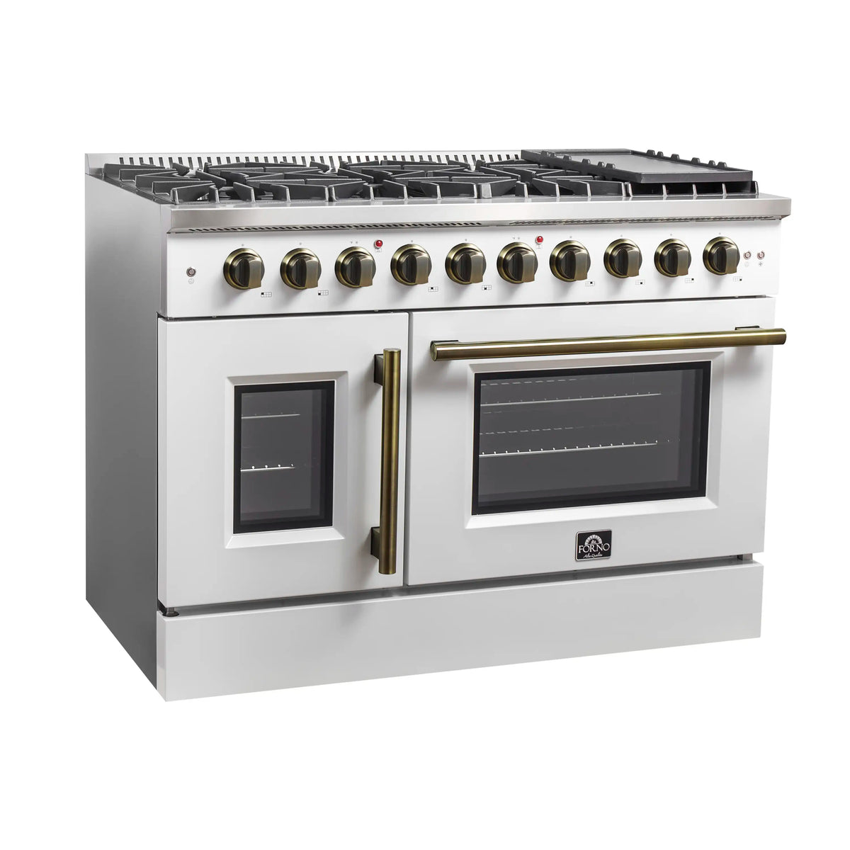 Forno 5-Piece Appliance Package - 48-inch Gas Range, Hood, Refrigerator, Dishwasher and 30-Inch Microwave Oven in White with Antique Brass Trim