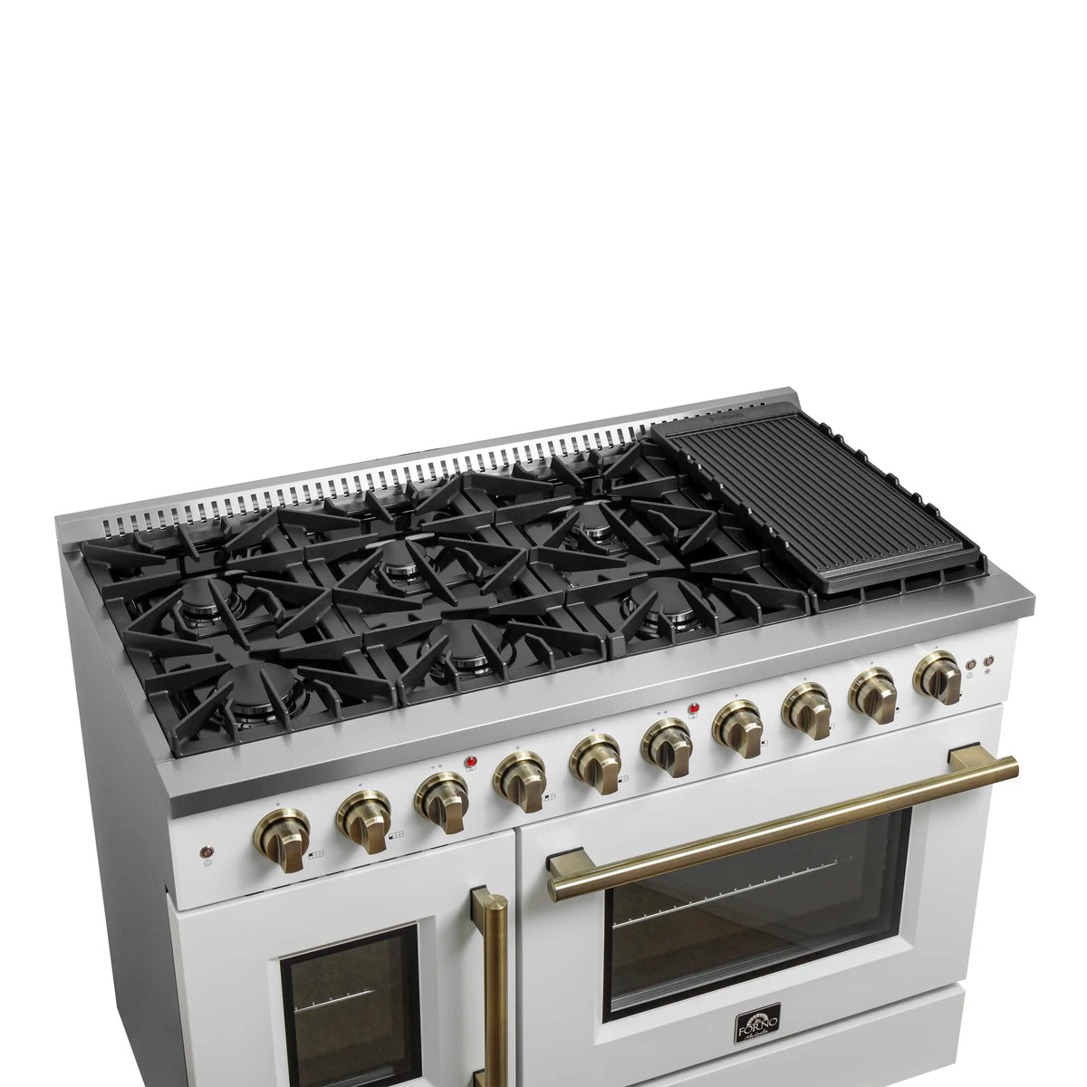 Forno 5-Piece Appliance Package - 48-inch Gas Range, Hood, Refrigerator, Dishwasher and 24-Inch Microwave Oven in White with Antique Brass Trim