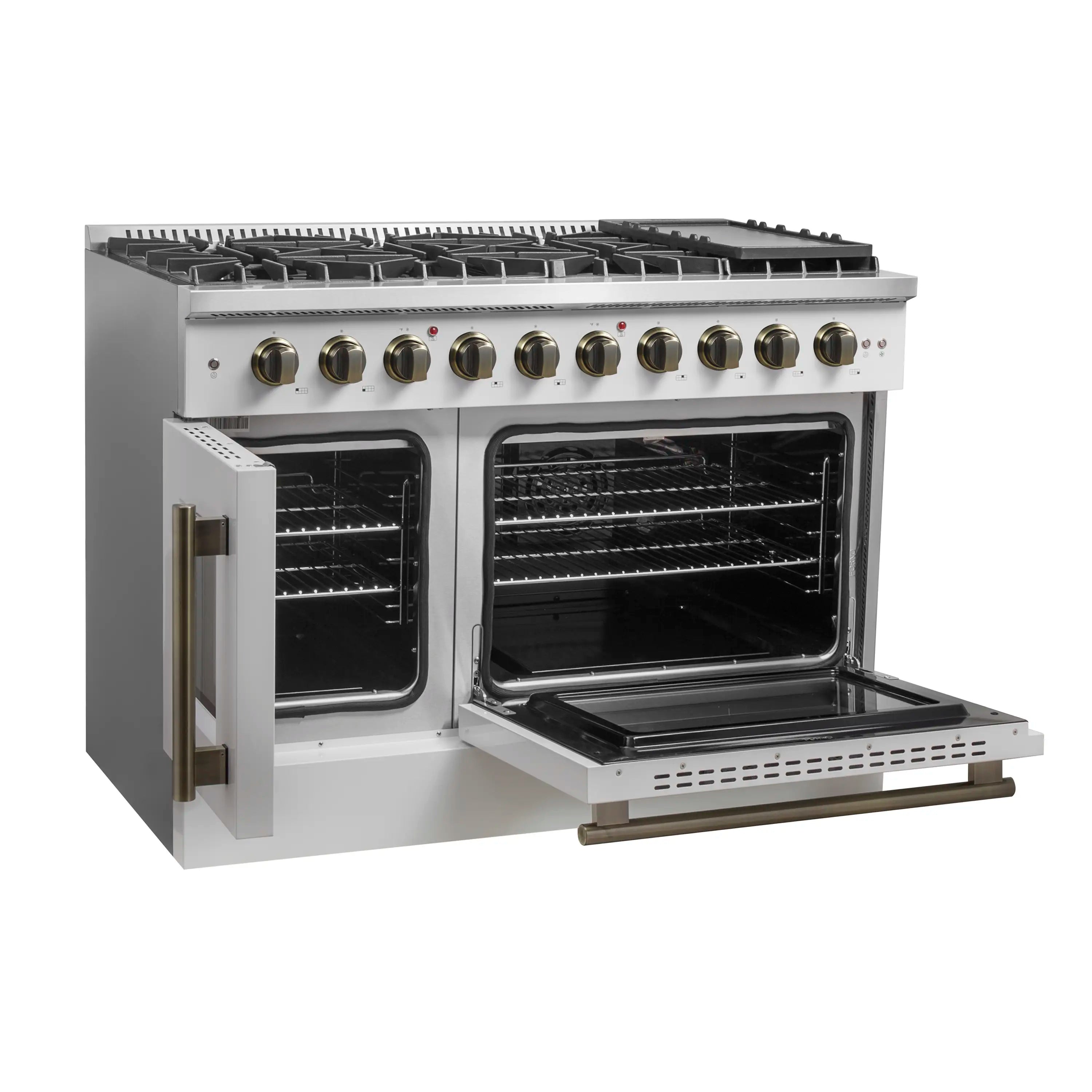 Forno Galiano 48-Inch French Door Gas Range with 8 Burners and 6.58 Cu. Ft. Convection Oven in White with Antique Brass Trim (FFSGS6444-48WHT)