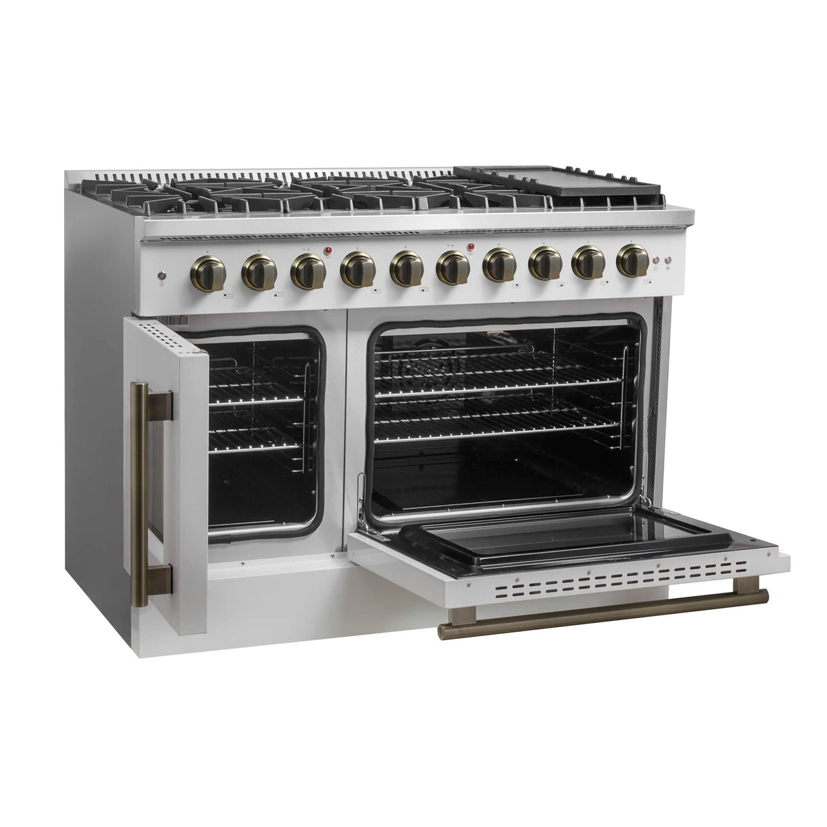 Forno 5-Piece Appliance Package - 48-inch Gas Range, Hood, Refrigerator, Dishwasher and 24-Inch Microwave Drawer in White with Antique Brass Trim