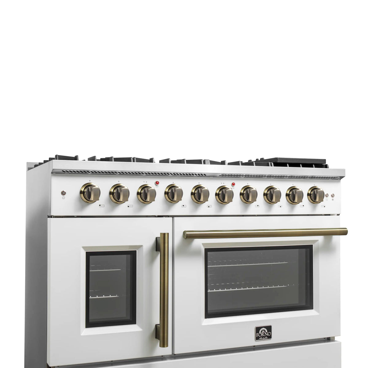 Forno 5-Piece Appliance Package - 48-inch Gas Range, Hood, Refrigerator, Dishwasher and 30-Inch Microwave Oven in White with Antique Brass Trim