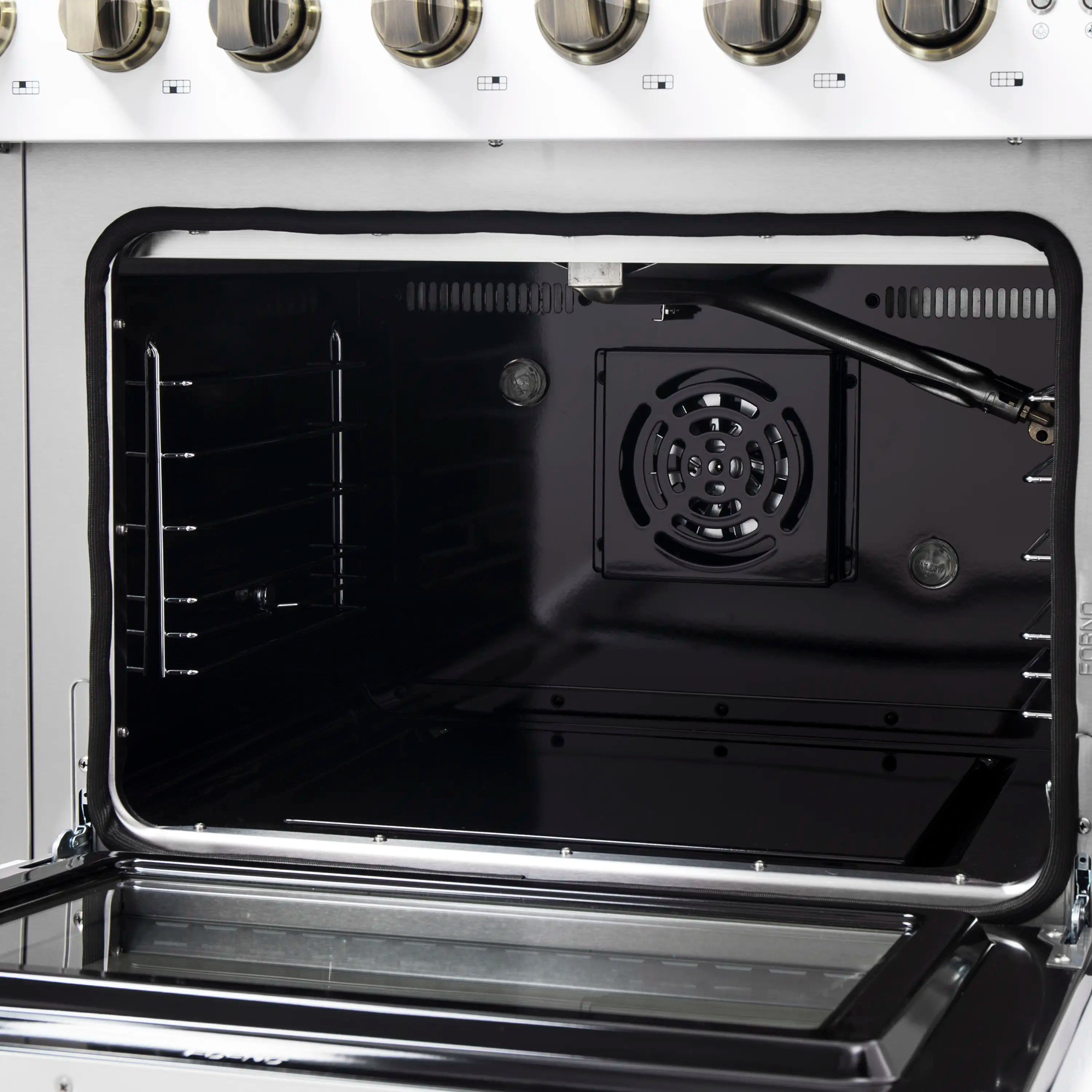 Forno Galiano 48-Inch French Door Gas Range with 8 Burners and 6.58 Cu. Ft. Convection Oven in White with Antique Brass Trim (FFSGS6444-48WHT)