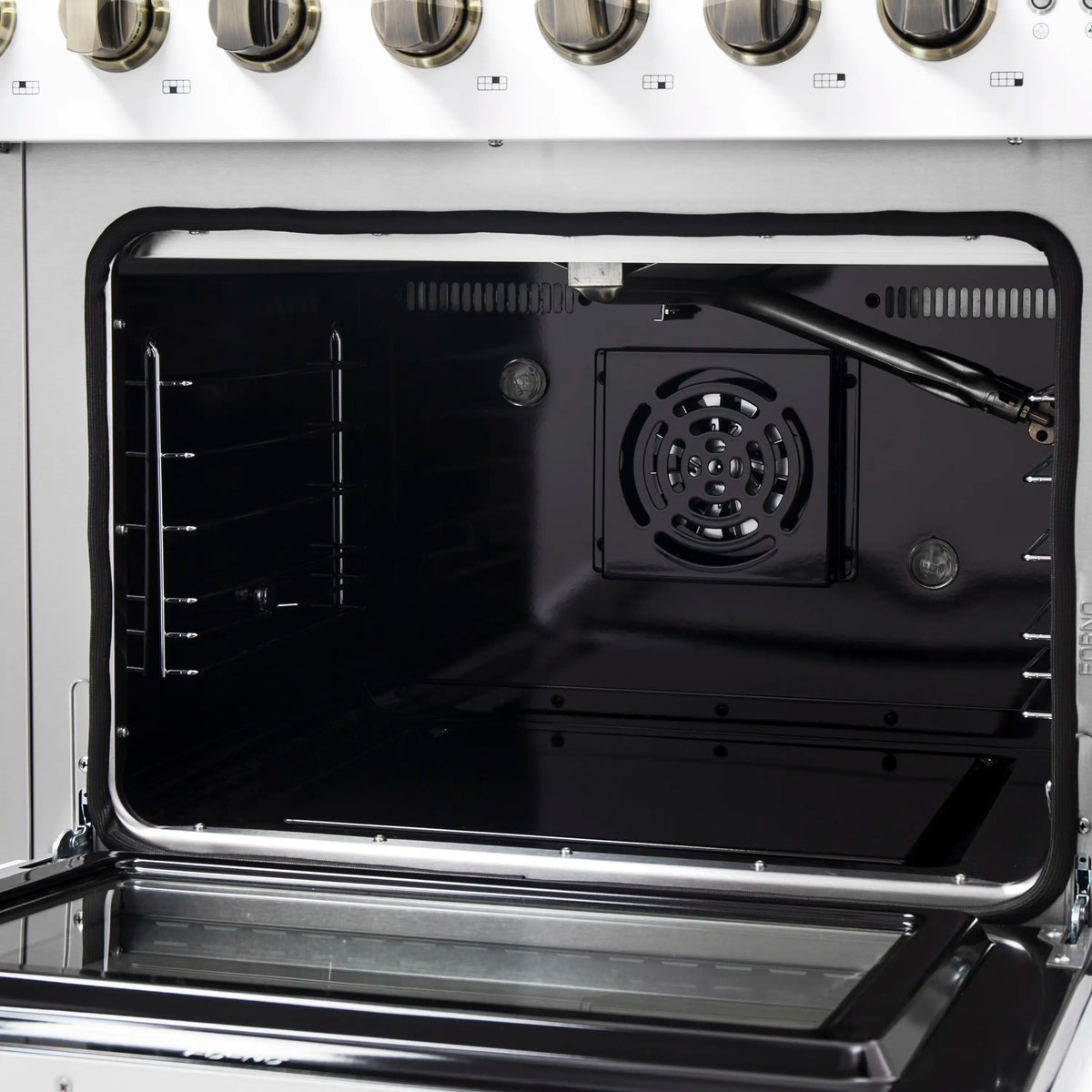Forno 5-Piece Appliance Package - 48-inch Gas Range, Hood, Refrigerator, Dishwasher and 24-Inch Microwave Drawer in White with Antique Brass Trim