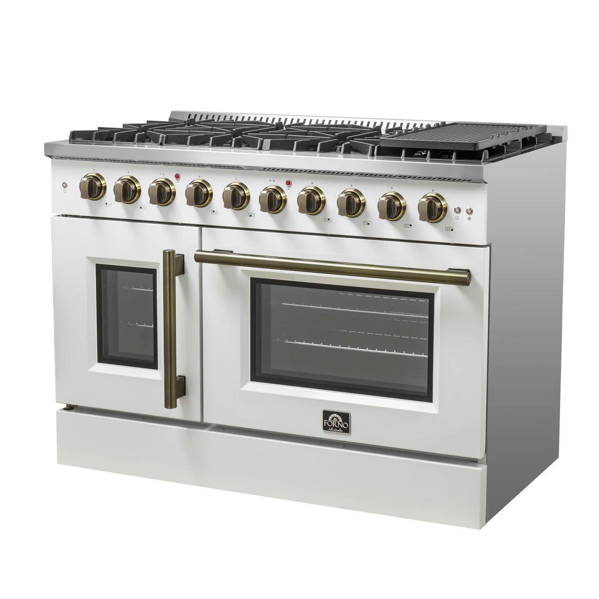 Forno 5-Piece Appliance Package - 48-inch Gas Range, Hood, Refrigerator, Dishwasher and 24-Inch Microwave Oven in White with Antique Brass Trim
