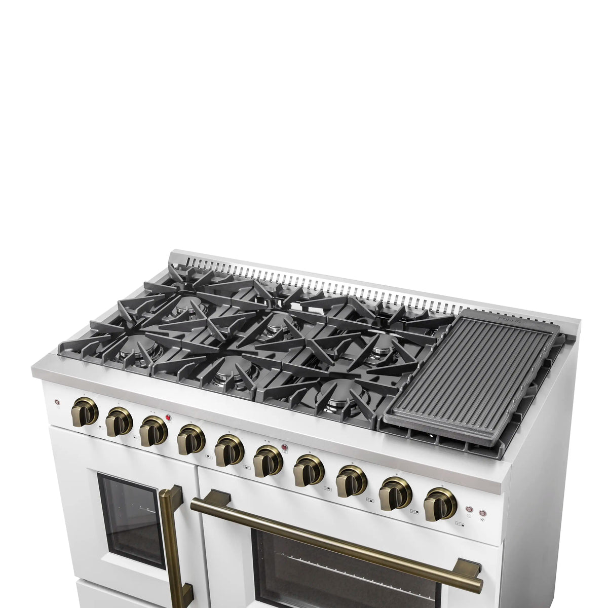 Forno 5-Piece Appliance Package - 48-inch Gas Range, Hood, Refrigerator, Dishwasher and 30-Inch Microwave Oven in White with Antique Brass Trim