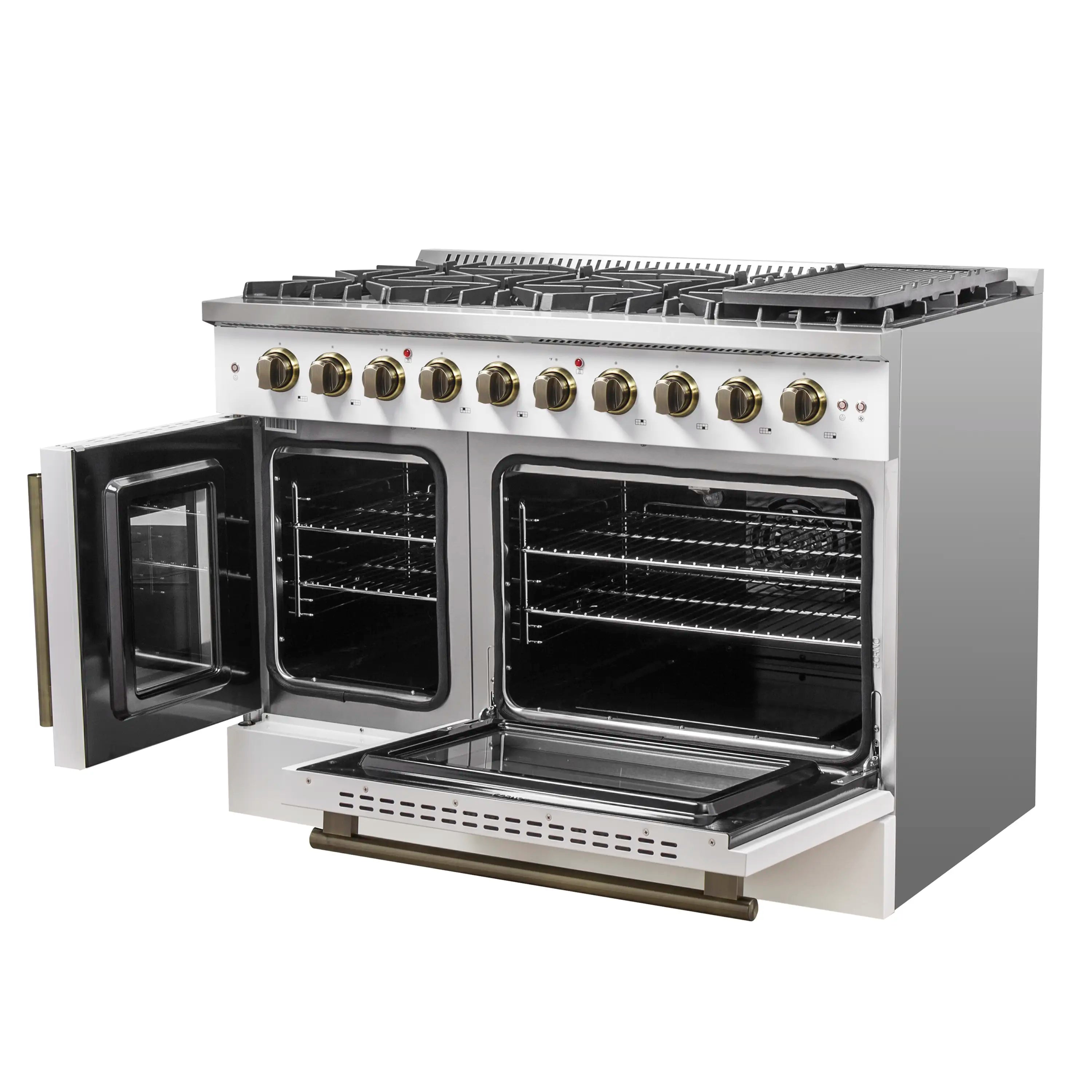 Forno Galiano 48-Inch French Door Gas Range with 8 Burners and 6.58 Cu. Ft. Convection Oven in White with Antique Brass Trim (FFSGS6444-48WHT)