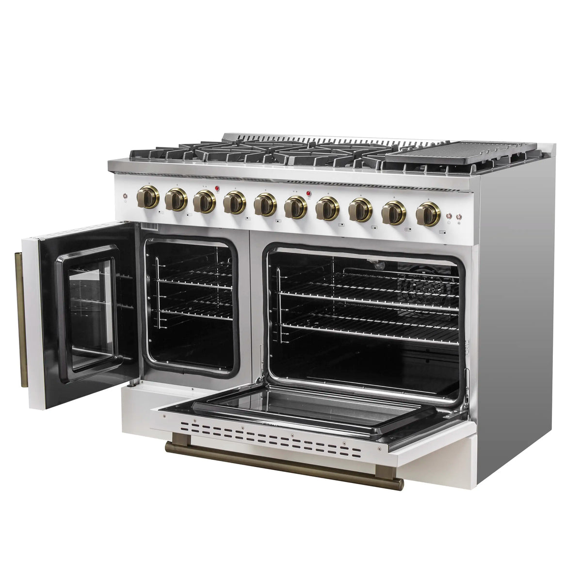 Forno 5-Piece Appliance Package - 48-inch Gas Range, Hood, Refrigerator, Dishwasher and 24-Inch Microwave Drawer in White with Antique Brass Trim
