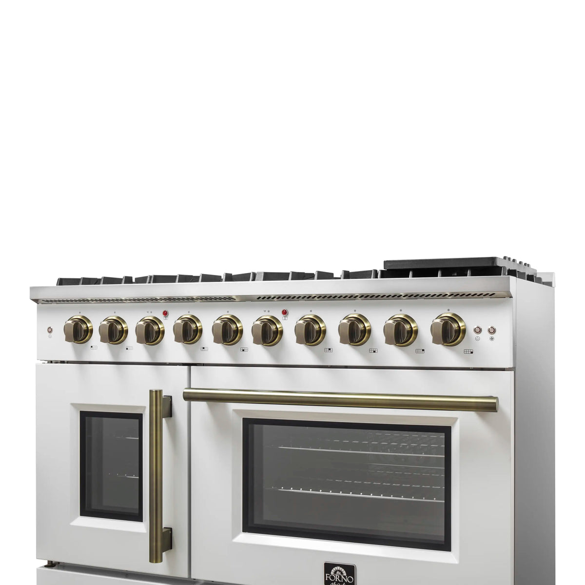 Forno 5-Piece Appliance Package - 48-inch Gas Range, Hood, Refrigerator, Dishwasher and 30-Inch Microwave Drawer in White with Antique Brass Trim