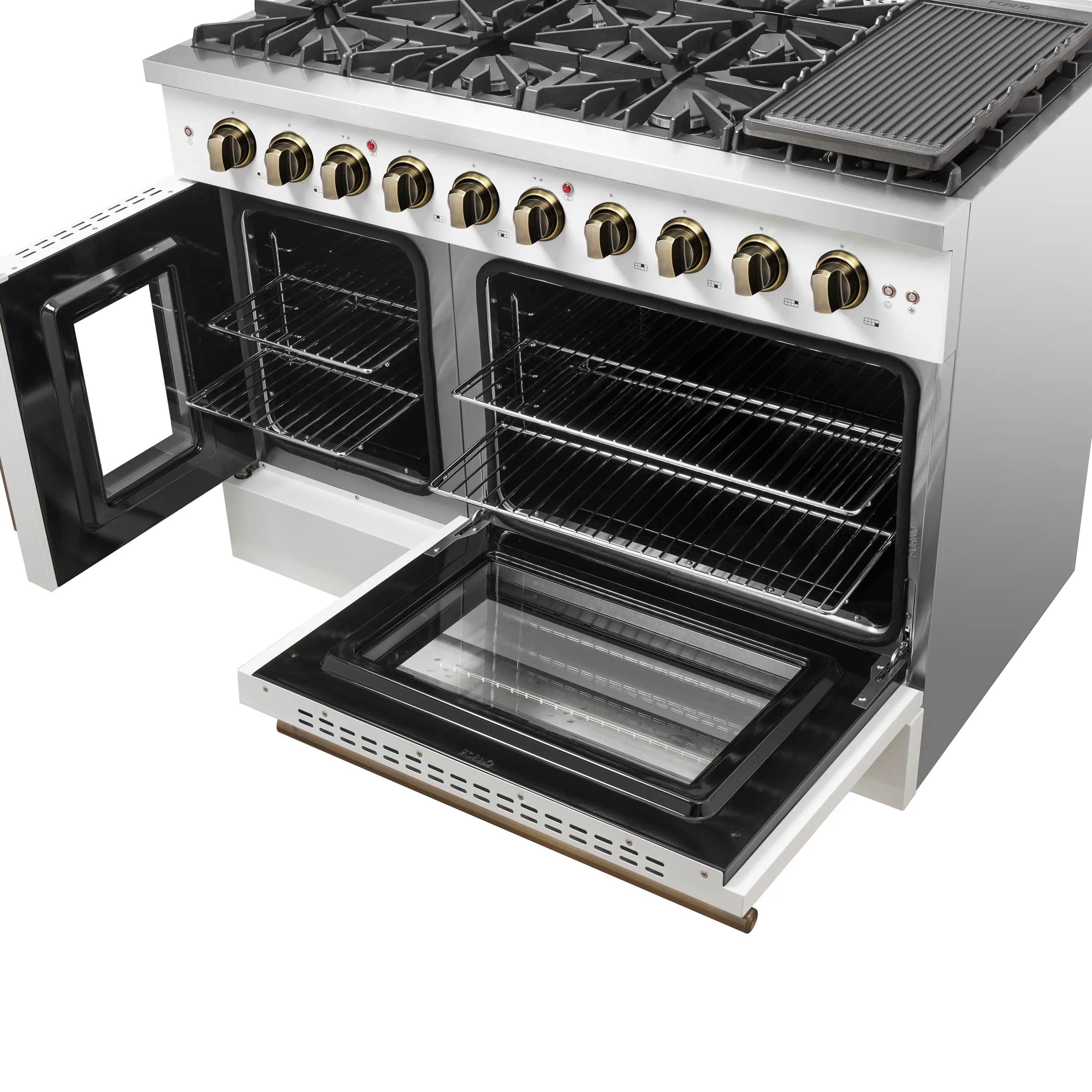 Forno Galiano 48-Inch French Door Gas Range with 8 Burners and 6.58 Cu. Ft. Convection Oven in White with Antique Brass Trim (FFSGS6444-48WHT)