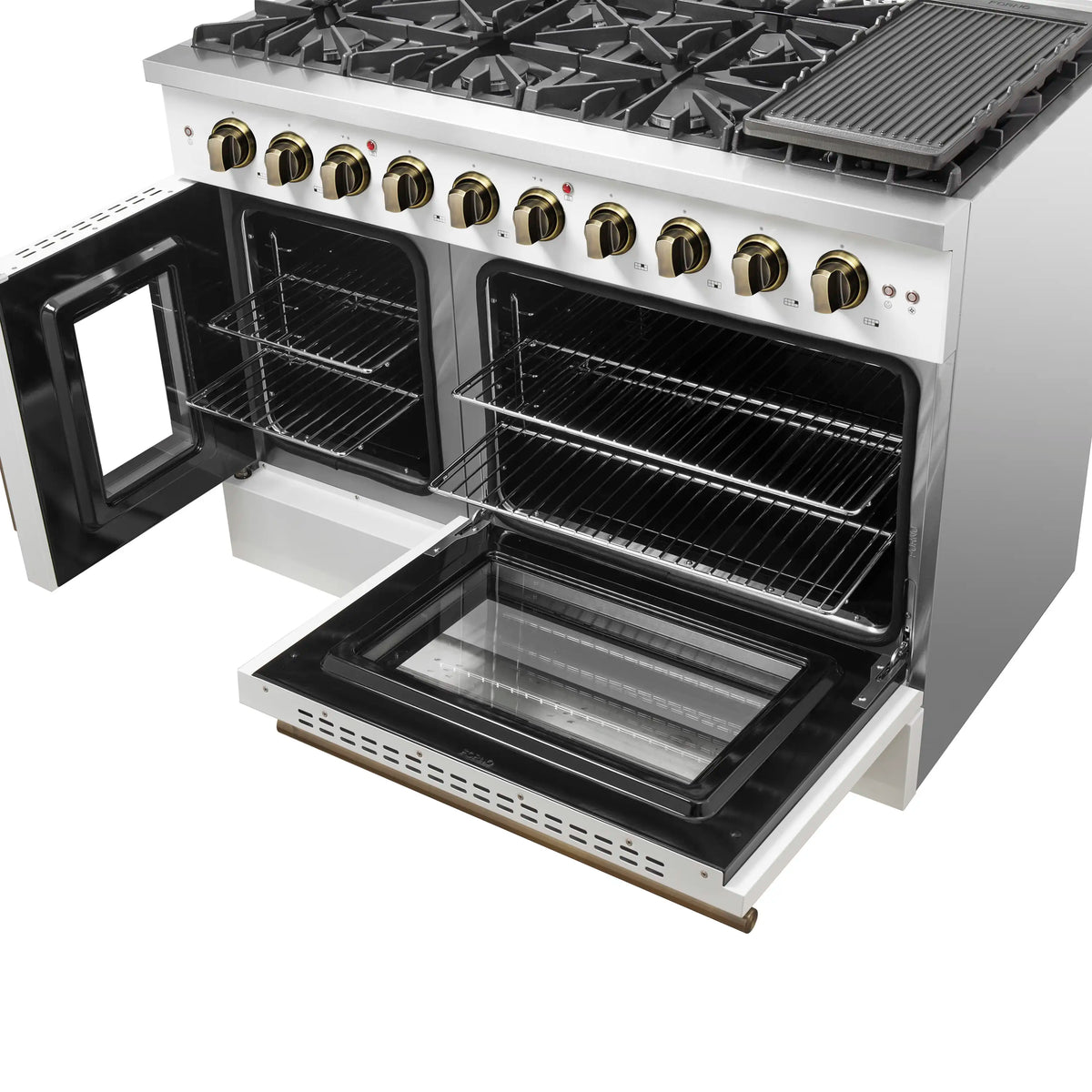 Forno 5-Piece Appliance Package - 48-inch Gas Range, Hood, Refrigerator, Dishwasher and 24-Inch Microwave Oven in White with Antique Brass Trim