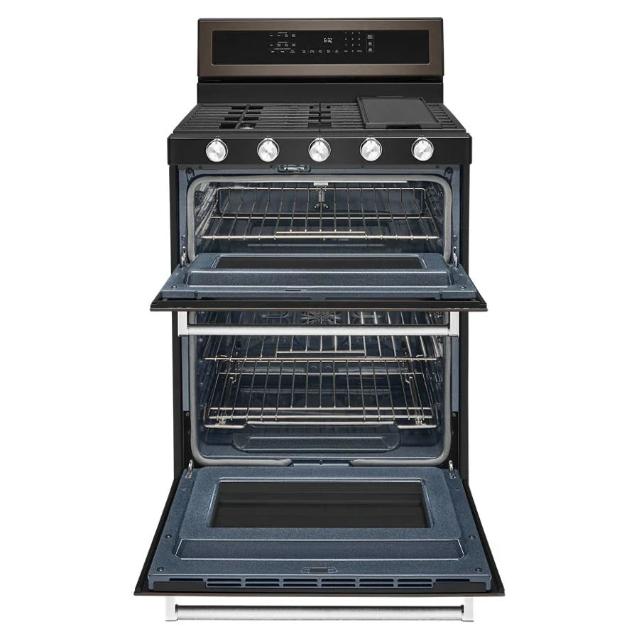 KitchenAid KFGD500EBS 30-Inch 5 Burner Gas Double Oven Convection Range Black Stainless Steel with PrintShield™ Finish