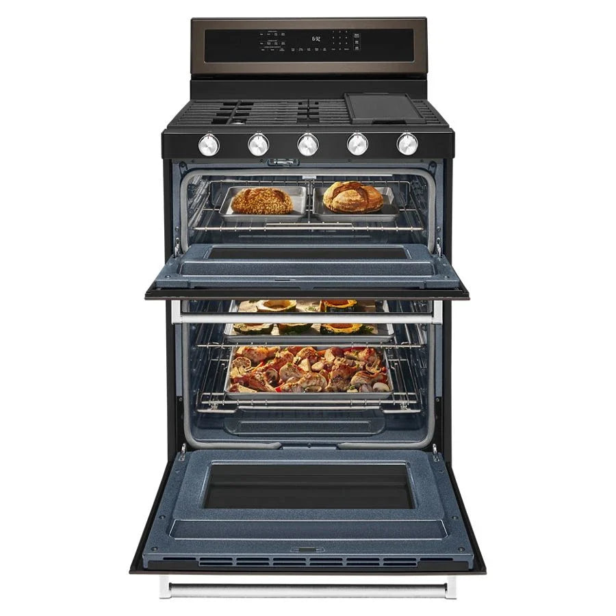 KitchenAid KFGD500EBS 30-Inch 5 Burner Gas Double Oven Convection Range Black Stainless Steel with PrintShield™ Finish