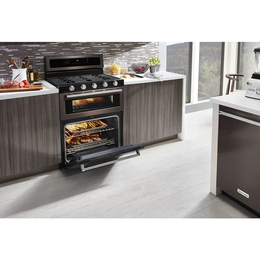 KitchenAid KFGD500EBS 30-Inch 5 Burner Gas Double Oven Convection Range Black Stainless Steel with PrintShield™ Finish