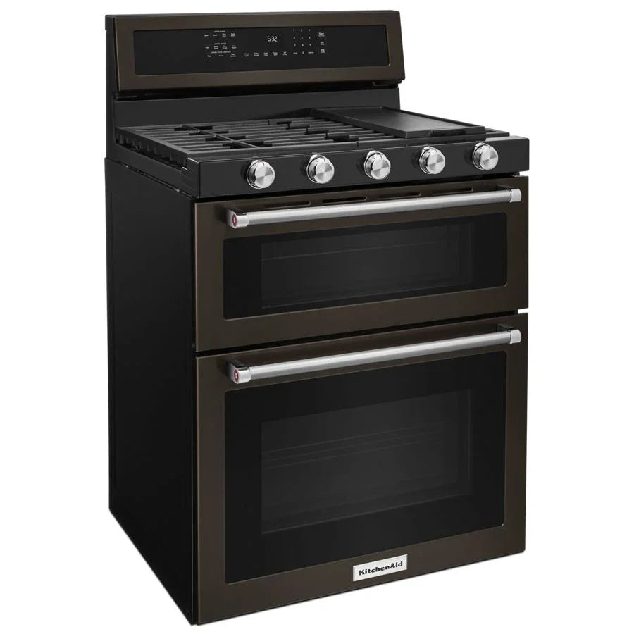 KitchenAid KFGD500EBS 30-Inch 5 Burner Gas Double Oven Convection Range Black Stainless Steel with PrintShield™ Finish