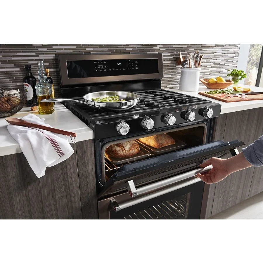 KitchenAid KFGD500EBS 30-Inch 5 Burner Gas Double Oven Convection Range Black Stainless Steel with PrintShield™ Finish